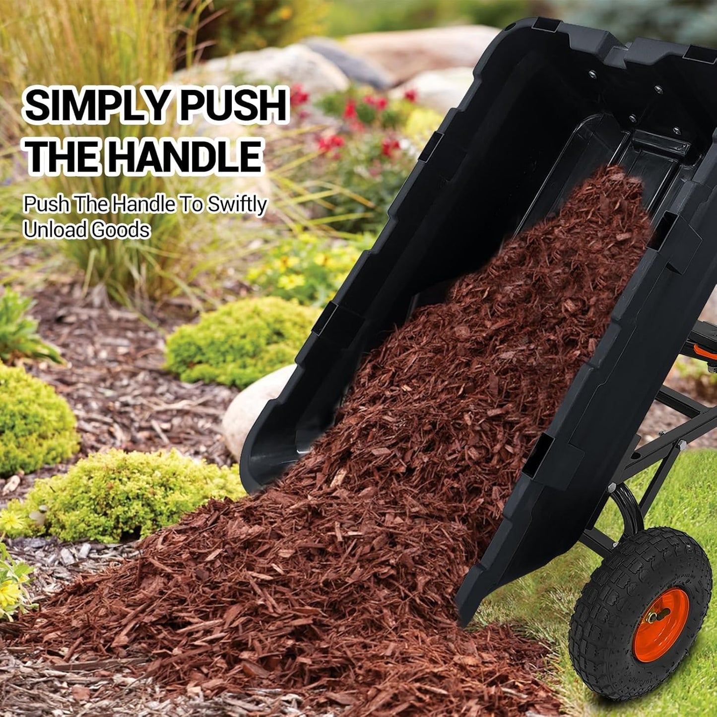 800 Lbs Garden Dump Carts, Heavy Duty Yard Cart, 4 Wheel Wheelbarrow with 10in Tires, Steel Frame and Quick Release System for Plants, Soil, Sand, in Courtyard, Beach, Farm(Black)