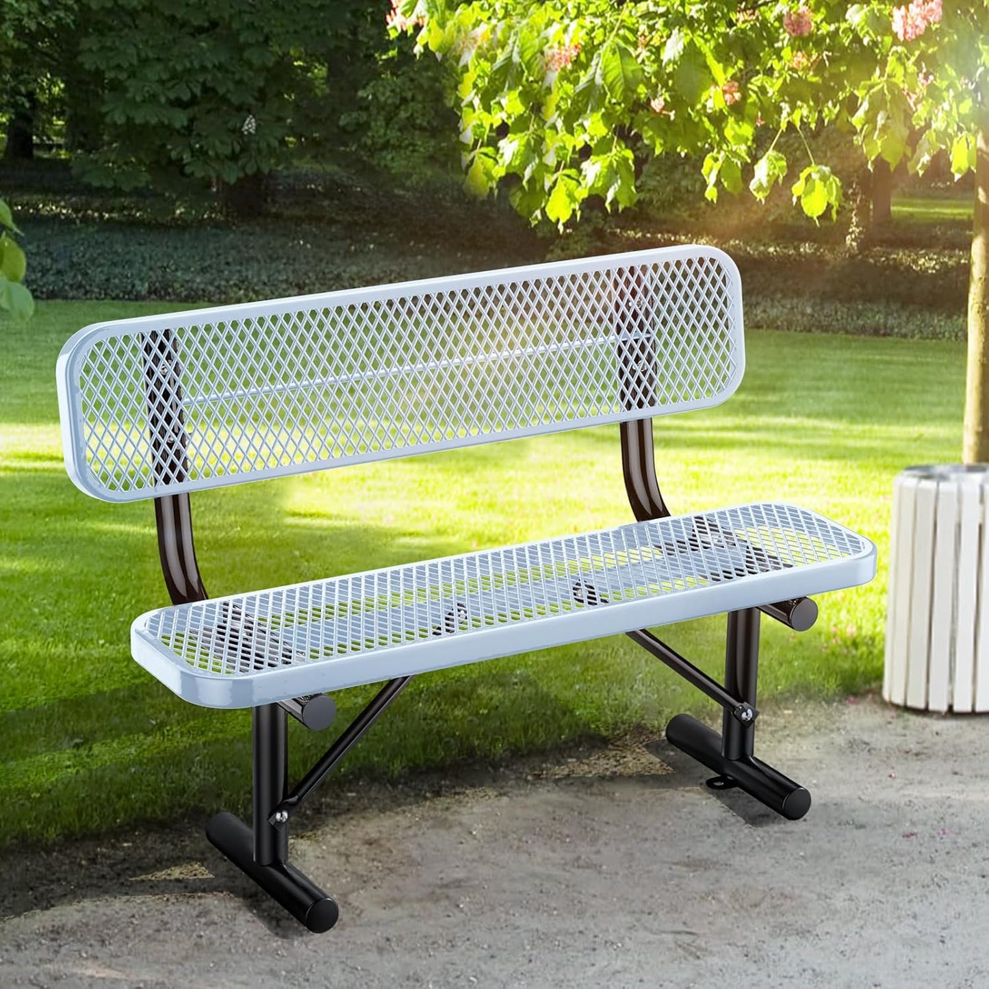 4 Feet Heavy Duty Park Bench with Back Portable Frame, Outdoor Steel Bench with Backrest, Expanded Metal Mesh Bench for Lawn, Park, Deck, Garden, Patio, Porch, Grey