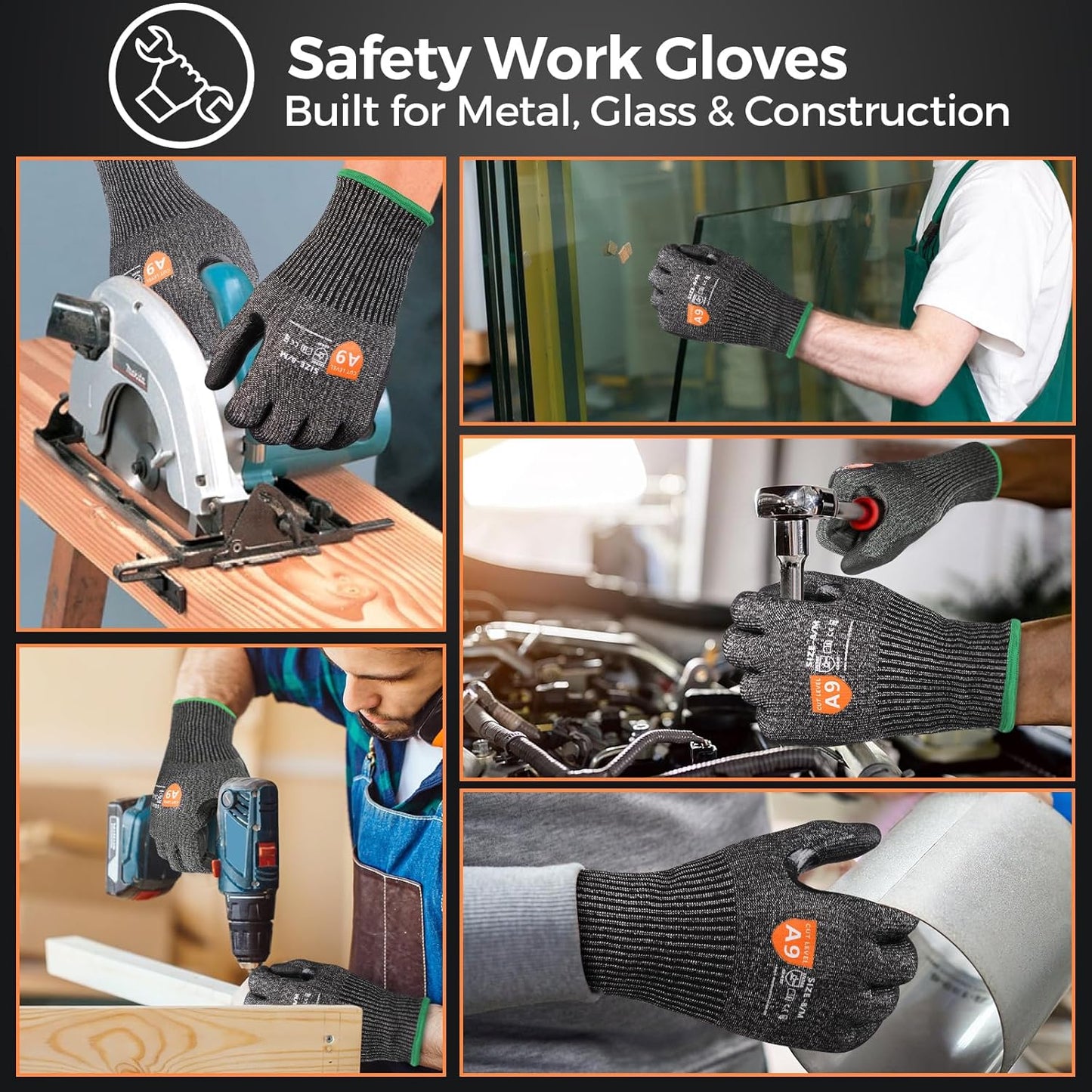 Donfri A9 Cut Resistant Work Gloves for Men - Steel + HPPE Hybrid Safety Gloves for Men, ANSI Cut Level 9 Protection Flexible for Metal Glass Wood Construction Fishing