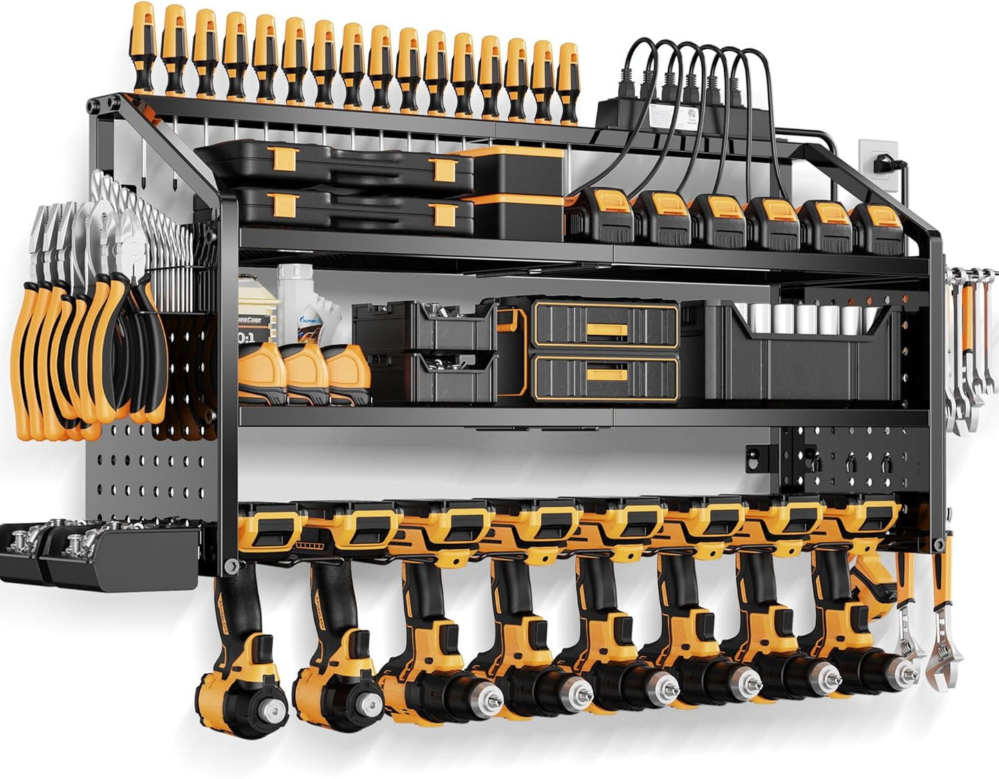 LBT Large Power Tool Organizer Wall Mount with Charging Station, 8 Drill Holder, 4 Layer Heavy Duty Metal Tool Storage Rack, 6 Power Strip, 8 Hooks, 2 Screw Boxes, Cool Gifts for Him Fathers Day
