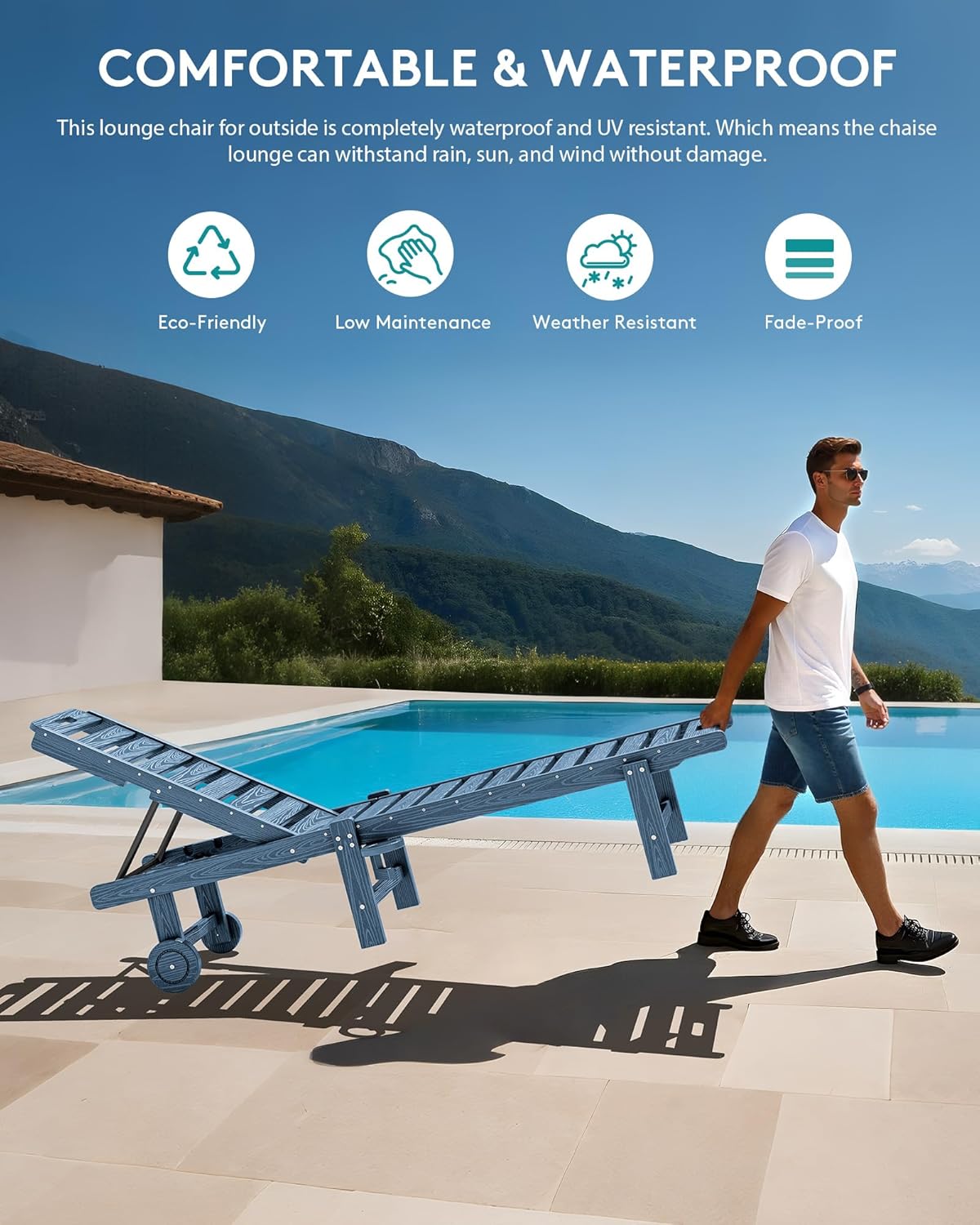 SERWALL Patio Chaise Lounge Set of 4, HDPE Outdoor Lounge Chair with Cup Holder, 5 Positions Adjustable Poly Lounge Chair with Rolling Wheels for Poolside, Deck, Sunbathing, Blue