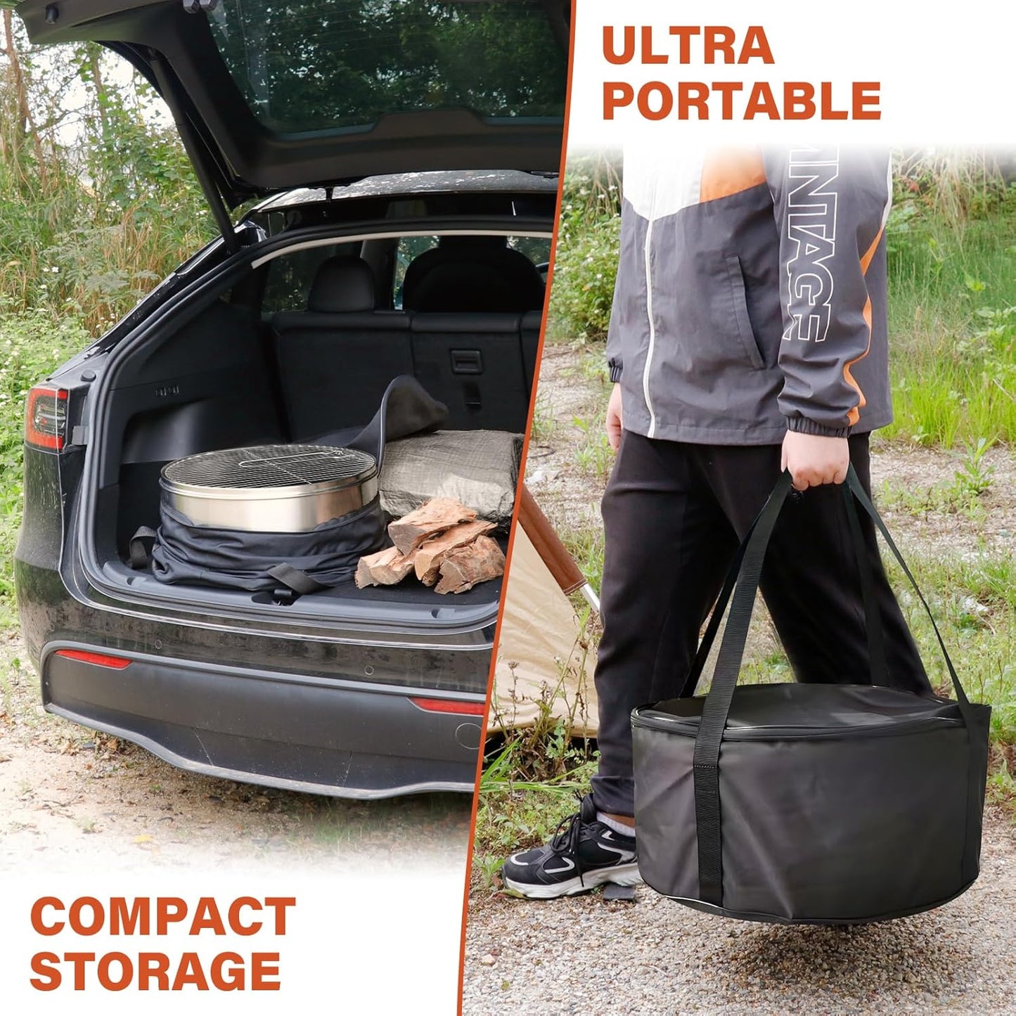 HGD 19.8 Inch Smokeless Firepit with Grill, Portable Wood Burning Fire Pit for Camping & Backyard, Stainless Steel Outdoor Fireplace with Travel Bag, Easy Setup & Compact Storage - Foldable Design