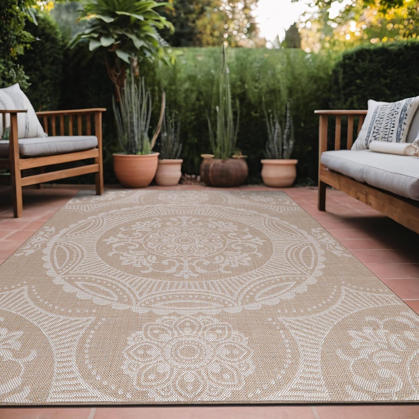Medallion Outdoor Rug 8x10 Washable Outside Carpet for Indoor Patio Porch Waterproof Easy Cleaning Non Shedding Area Rugs Beige 8 x 10