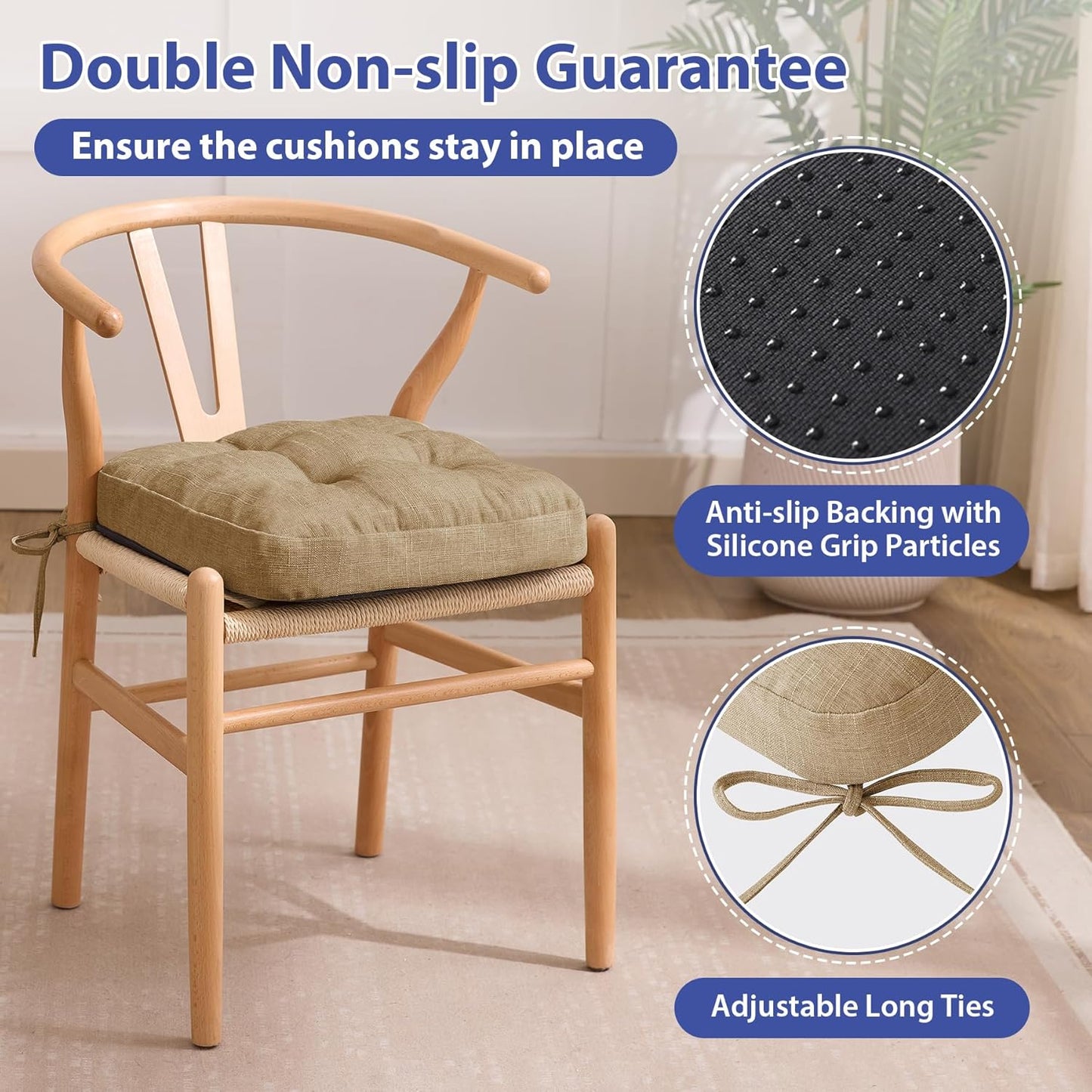 Chair Cushions for Dining Chairs, Dining Chair Cushions, Tufted Indoor Chair Pads with Ties & Non Slip Backing, Seat Cushions for Kitchen Chairs 16.5” x 16.5” x 3.5”, Set of 4, Khaki