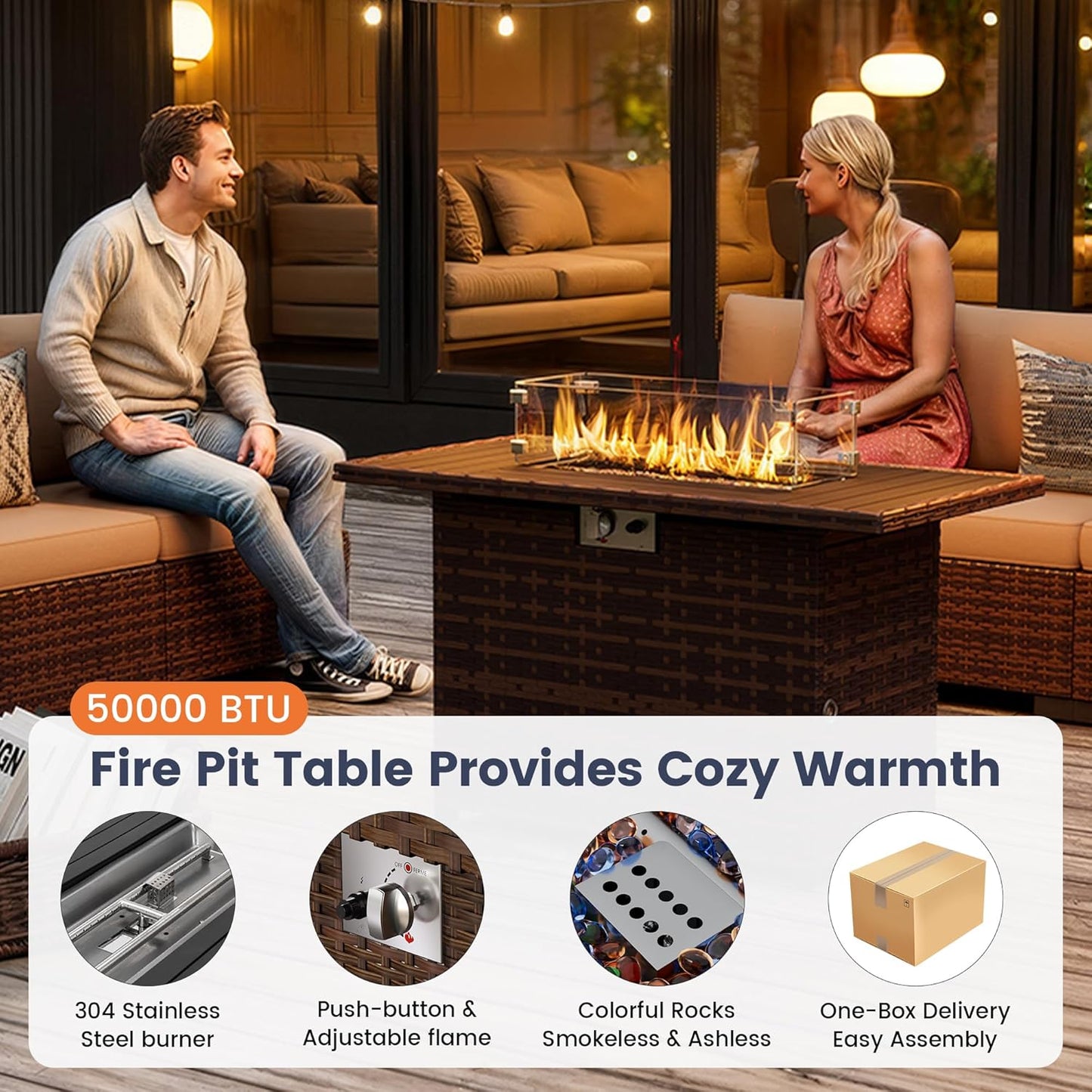 UDPATIO Patio Furniture Set with Fire Pit Table, 8 Piece Outdoor Sectional Modular Sofa, Wicker Outdoor Furniture Conversation Sets with Waterproof Cover for Backyard Deck(Brown/Khaki)