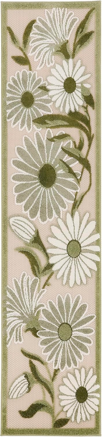 Nourison Home Aloha Indoor-Outdoor Ivory Green 2' x 6' Area Rug, Easy-Cleaning, Non-Shedding, Bed Room, Living Room, Dining Room, Backyard, Patio, Deck (2x6)