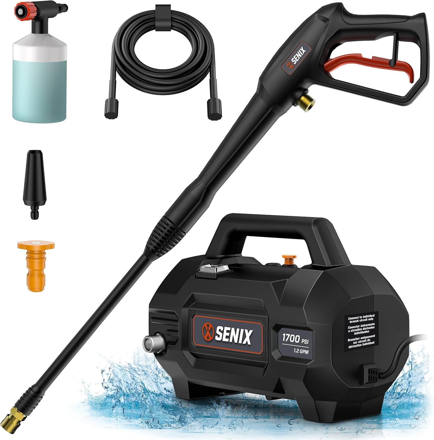 SENIX 13 Amp Electric Pressure Washer - 2100 PSI MAX, 1.2 GPM, Compact with Foam Cannon, Spray Gun, 20-ft Hose, Turbo Nozzle, and 15° Spray Nozzles - Perfect for Cars and Driveways