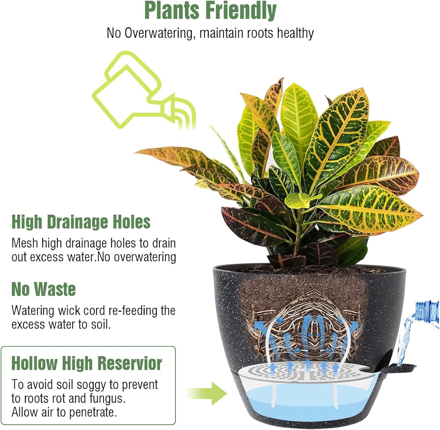 10/9/8 inch Self Watering Pots, Set of 3 Plastic Planters with Mesh Drainage Holes and Deep Reservoir for Indoor Outdoor Garden Plants and Flowers, Black Speckles