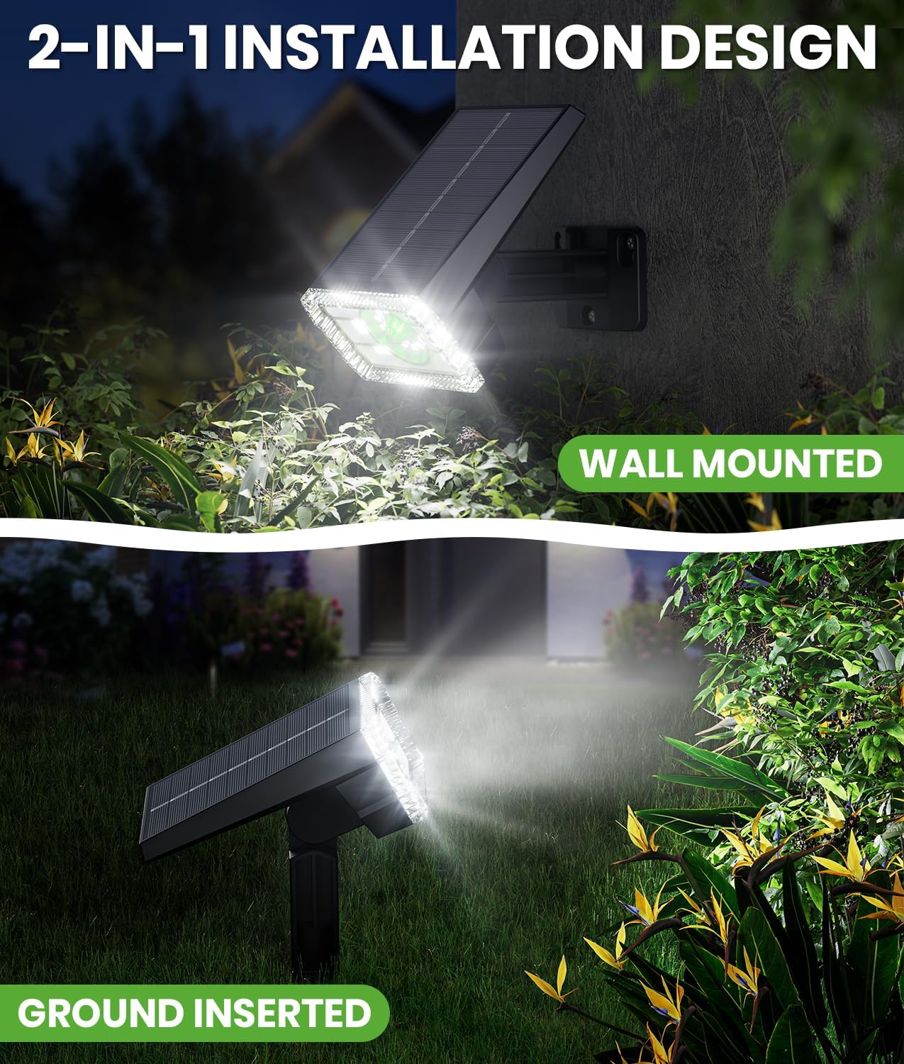 Bright Solar Spot Lights Outdoor, [58 LED/12000K/3 Modes] Solar Lights Outdoor Waterproof IP67, Auto On/Off, 2-in-1 Wall Light Flood Light for Tree Yard Garden Pathway, 2 Pack