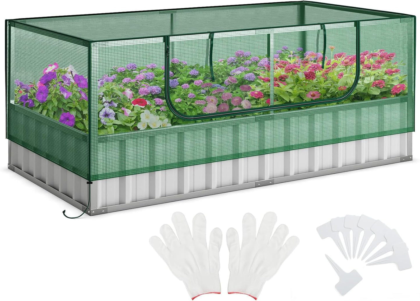 S AFSTAR Galvanized Raised Garden Bed with Greenhouse, 69” x 36” x 28” Bottomless Flower Bed w/Large Roll-up Window, 8PCS T Tags & Gloves, Outdoor Rectangular Planter Box Kit for Herb Vegetable Fruit