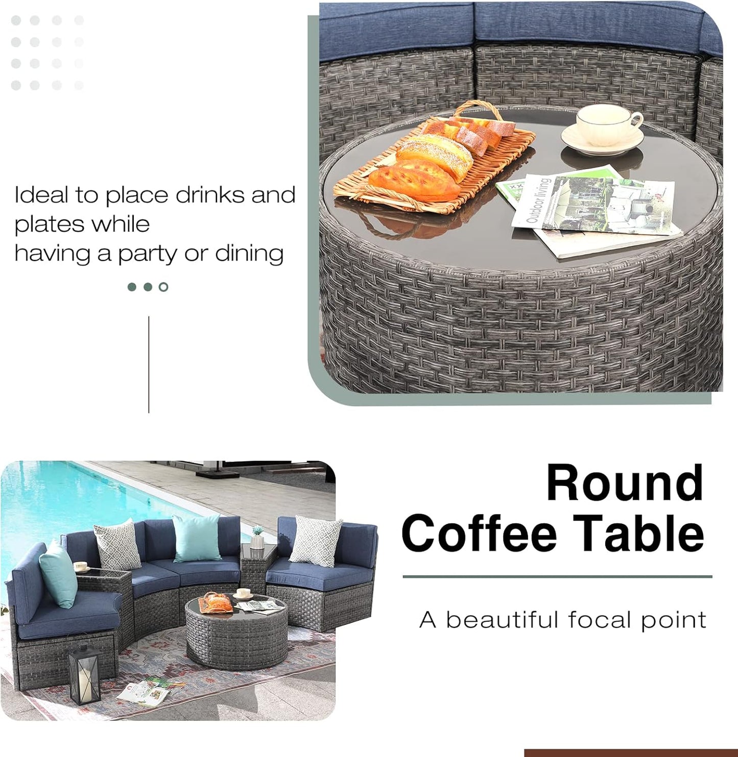 SUNSITT Outdoor Patio Furniture Sectional 7-Piece Half-Moon Curved Outdoor Sofa Set with Round Coffee Table, 4 Pillows & Waterproof Cover, Grey Rattan & Denim Blue Cushion