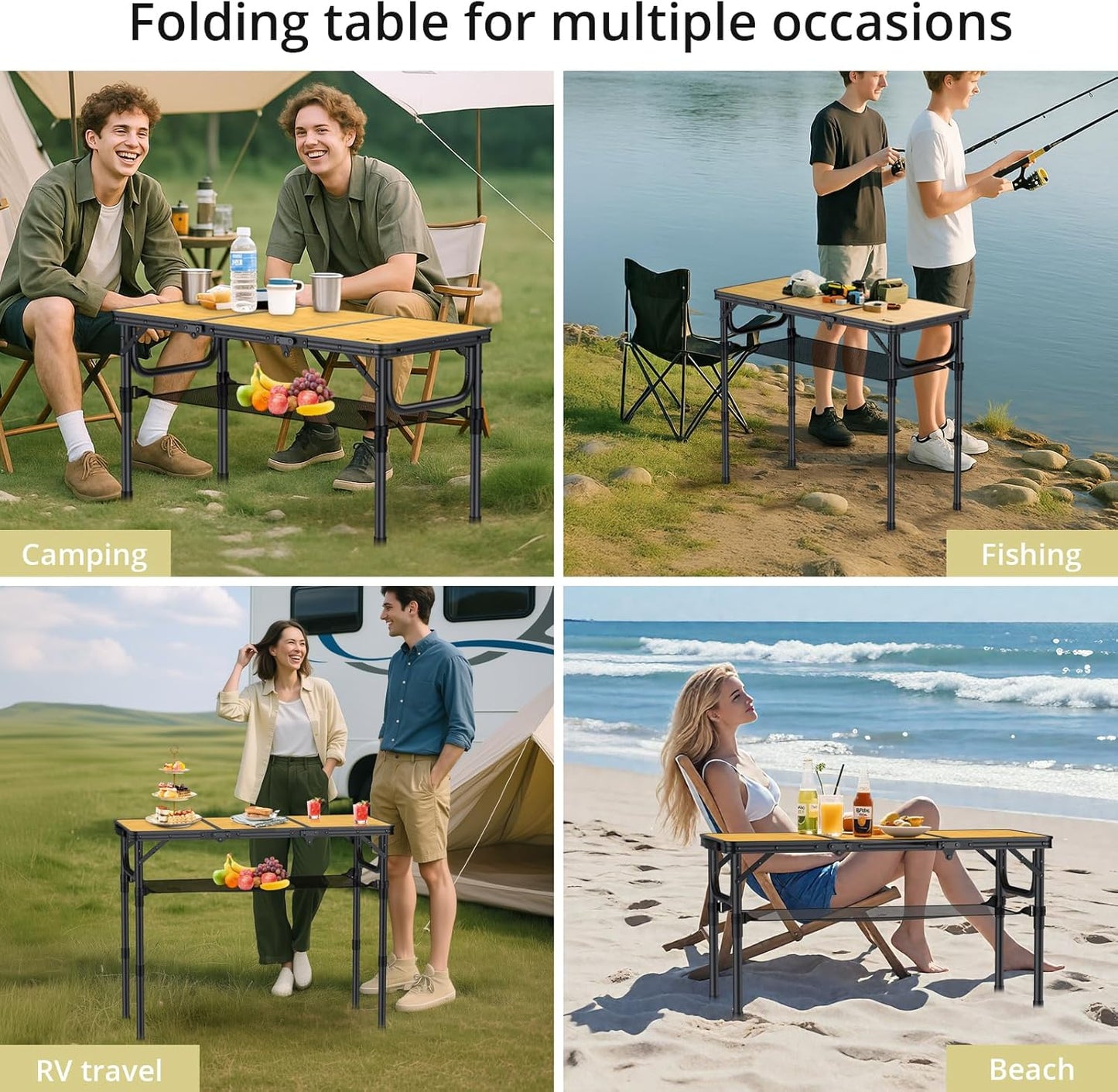 3ft Camping Table Foldable with Storage Net and Bag, 3 Adjustable Heights High 27.5" Aluminum Camping Table, Portable, for Outdoor Indoor Backyard BBQ Cooking Party Picnic Beach, Yellow