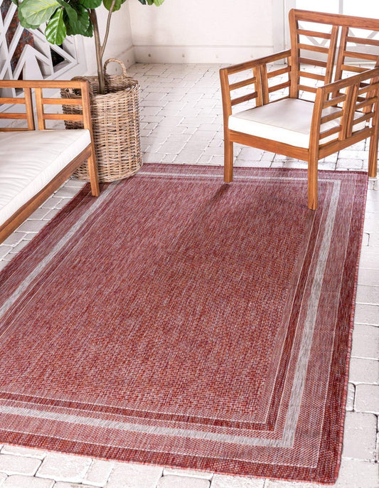 Unique Loom Outdoor Border Collection Area Rug - Soft Border (5' 3" x 8' Rectangle, Rust Red/ Ivory)