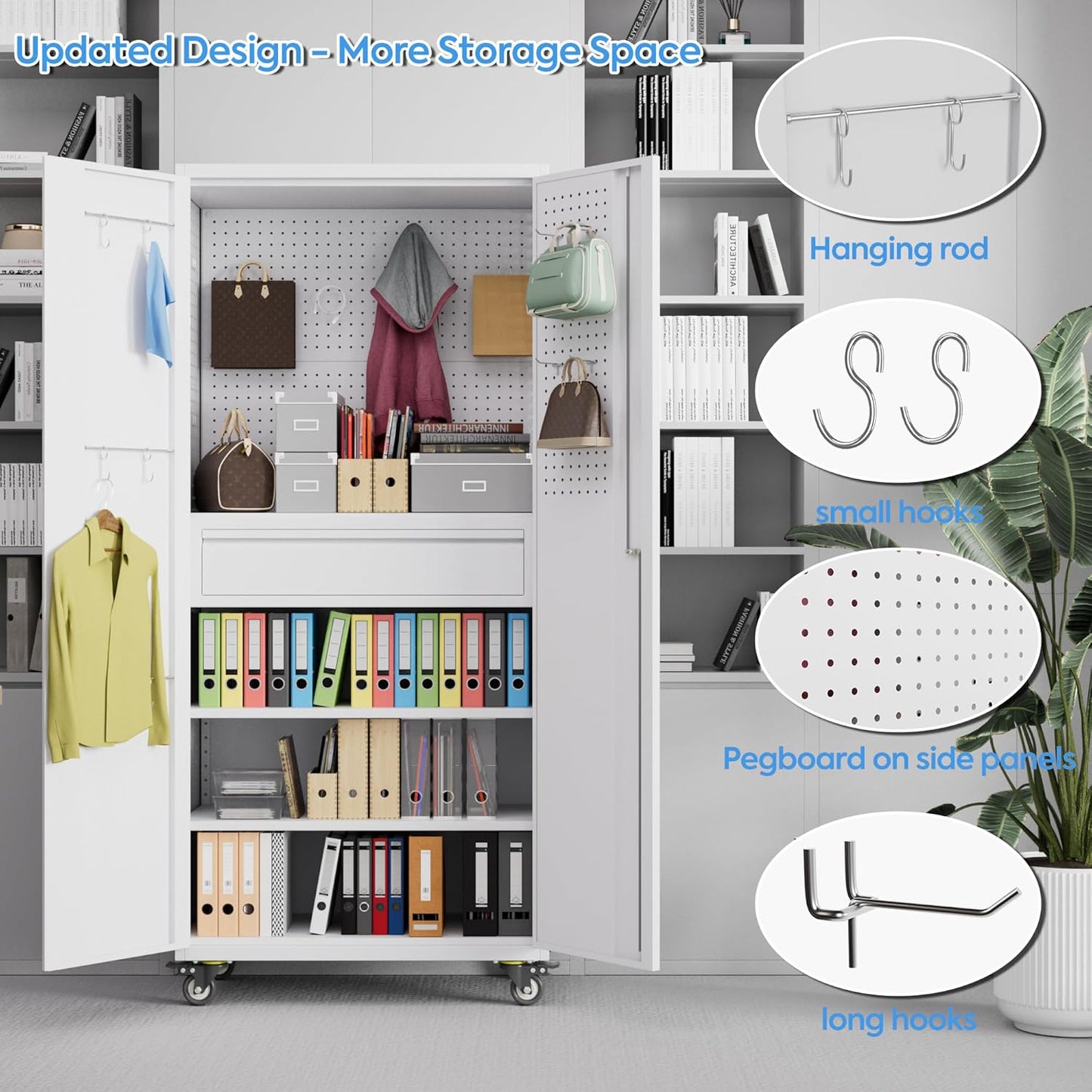 71" H Garage Storage Cabinet with Locking Doors and 2 Adjustable Shelves, Metal Tool Storage Cabinet with Wheels, Drawer, Pegboard and 16 Hooks for Garage, Warehouse, White