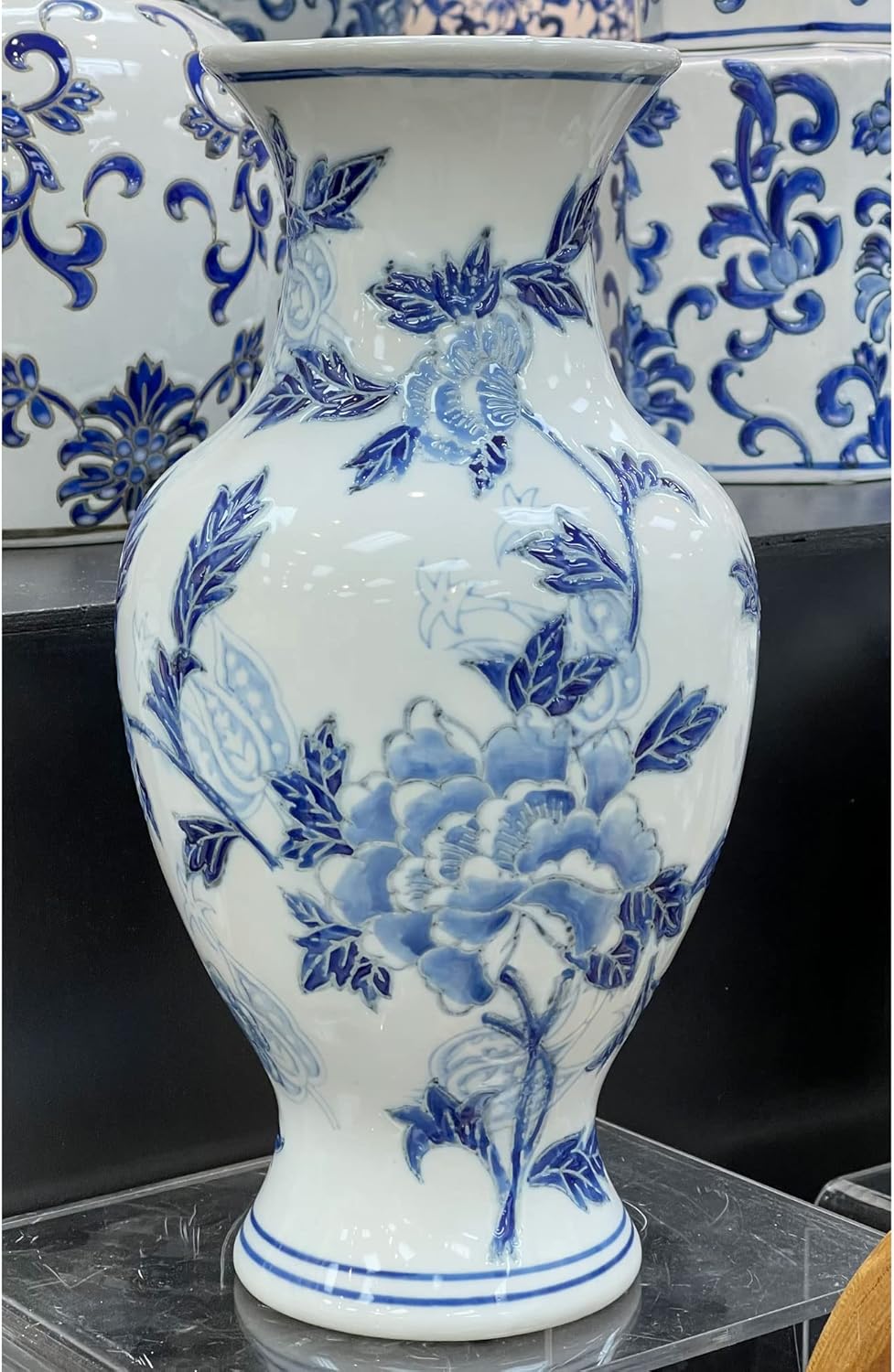 Galt International Blue and White Floral Chinoiserie Ceramic Vase 14" - Hand Painted Antique Style Porcelain Flower Bottle Fishtail Porcelain Chinese Vase for Home Decor Centerpiece