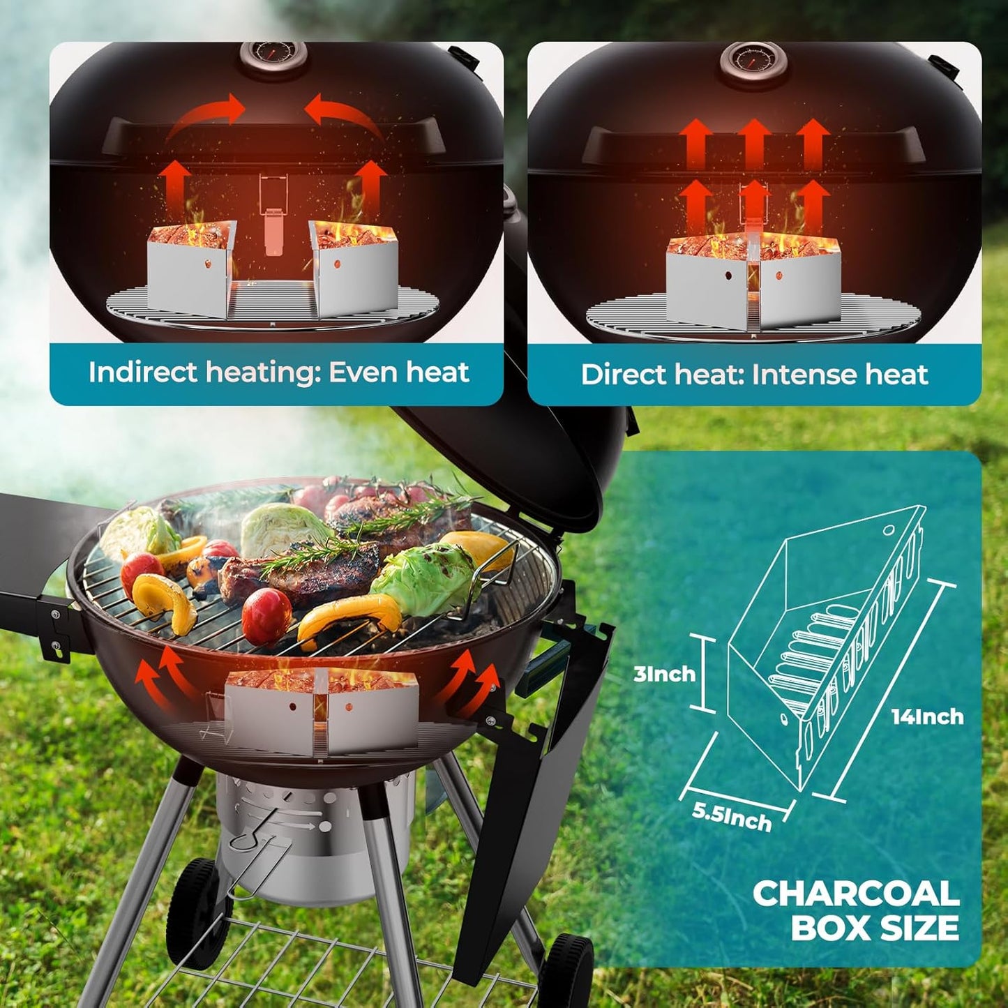Premium 22 Inch Charcoal Grills with 2 Foldable Tables, BBQ Grill with Cover, Outdoor Barbecue Grill with Ash Catcher, Portable Charcoal Kettle Grills with Wheels for Camping Party Backyard