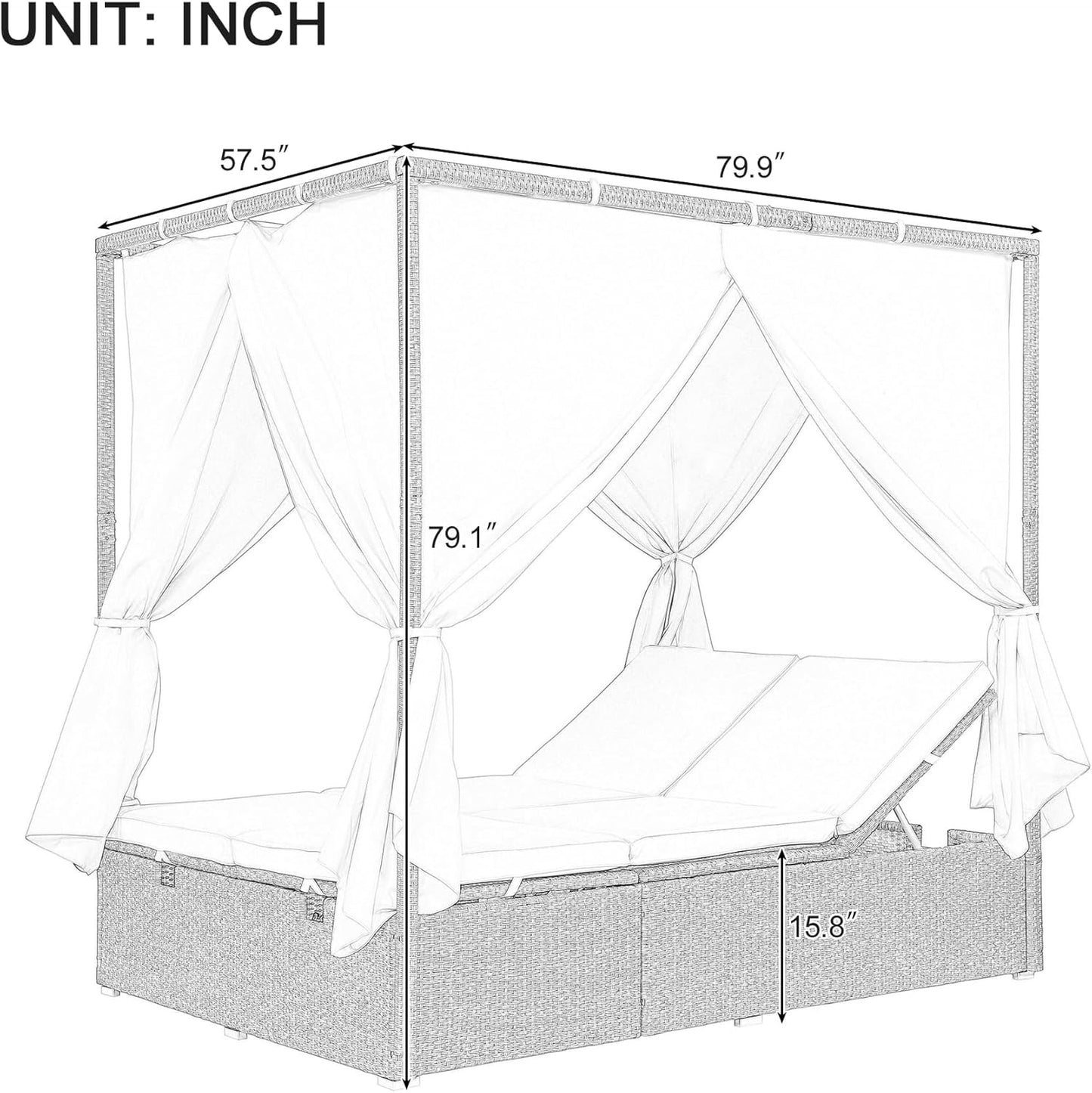 Patio Chaise Lounge,PE Rattan Outdoor Patio Wicker Adjustable Outdoor Sun Bed with Four-sided Canopy and Comfortable Beige Cushion – Versatile Use for Patio, Garden, and Poolside