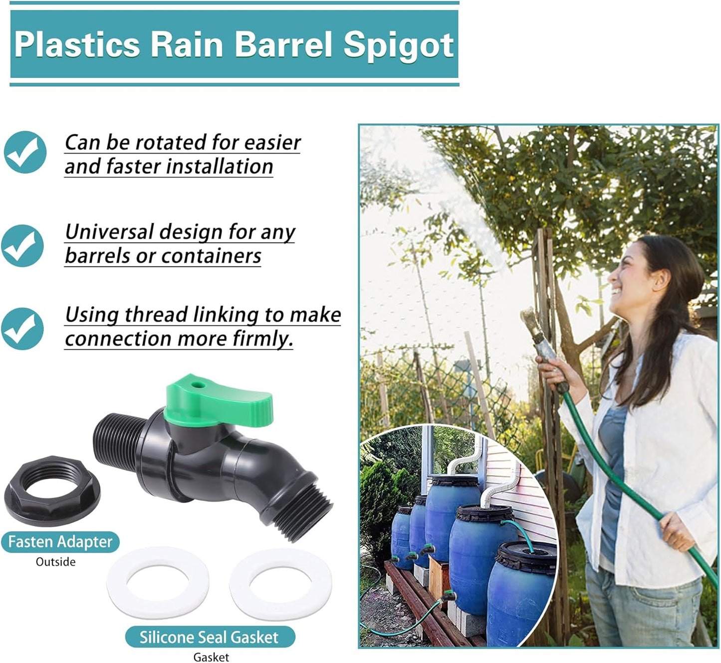 Plastic Rain Barrel Spigot, High Flow Valve Core, 3/4 NPS Inlet x 3/4 GHT Outlet Bulkhead Valve for Outdoor Plastic Bucket Rain water Drum Container Down Spout Collector in