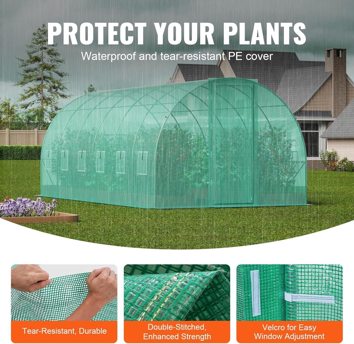 VEVOR Walk-in Tunnel Greenhouse, 19.4x9.7x7.4 ft Hoop House Greenhouse Tunnel, Plant Hot House with Galvanized Steel Frame, Green PE Cover, Swing Door and 12 Roll-up Windows for Outdoor