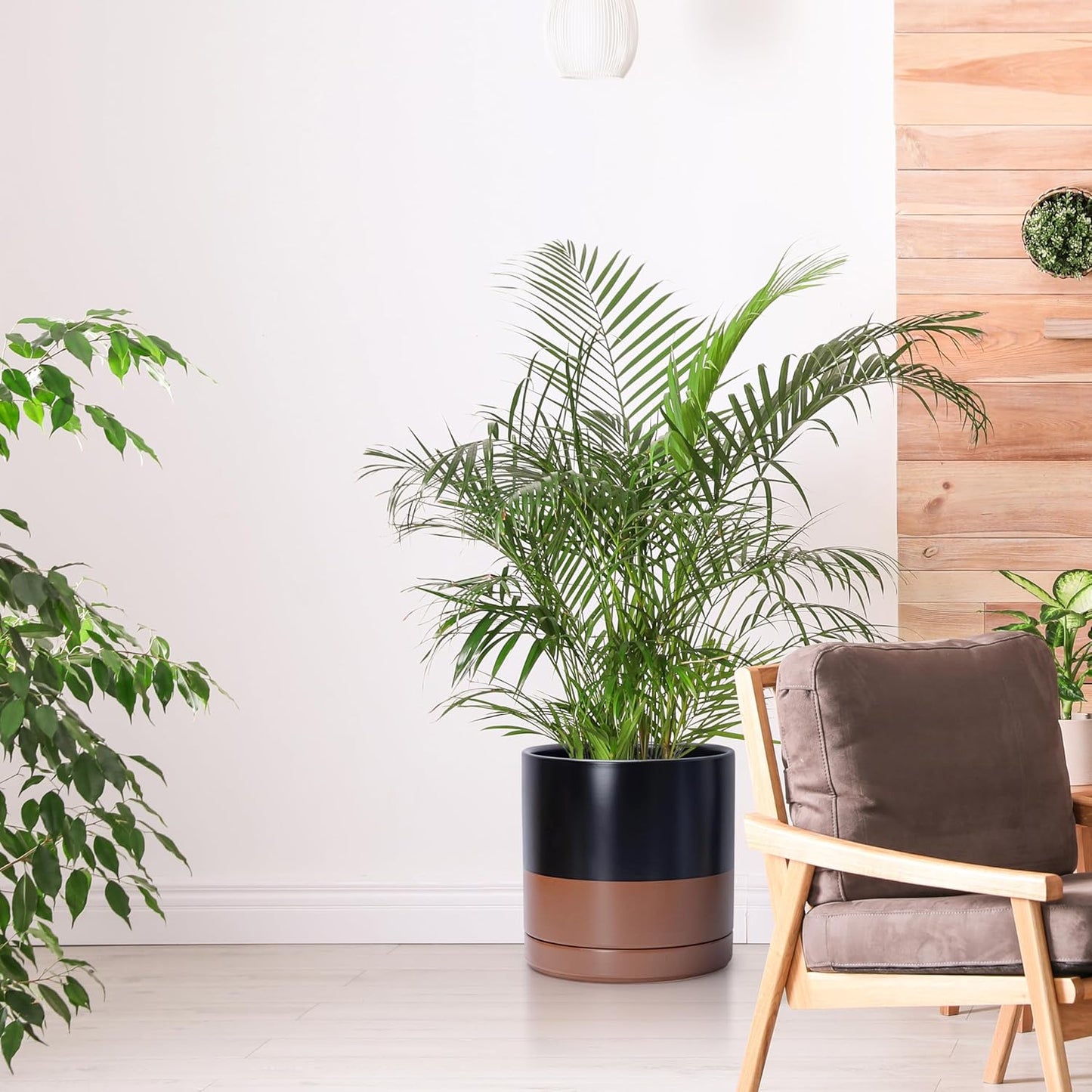 D'vine Dev 6 Inch & 8 Inch & 10 Inch, Set of 3 Round Ceramic Planter Pot with Drainage Hole and Saucer, Black/Speckled Tan, 94-T-L-7