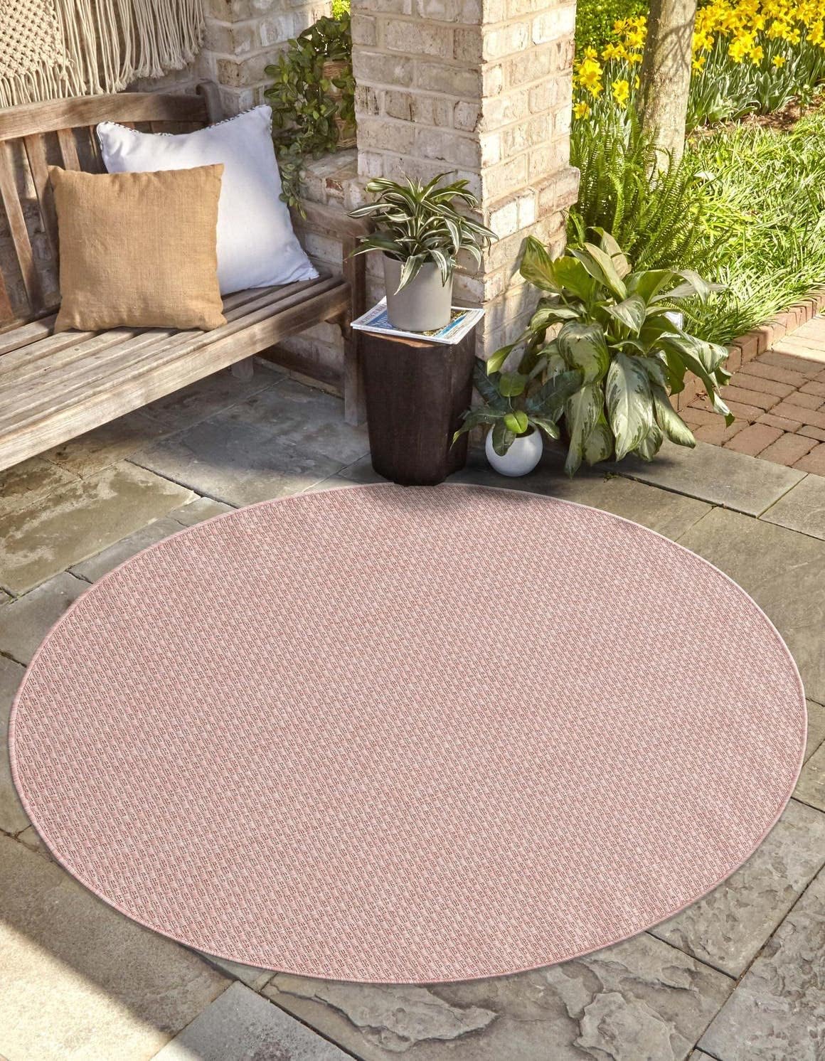 Unique Loom Collection Casual Transitional Solid Heathered Indoor/Outdoor Flatweave Area Rug (4' 1" Round, Whisper Pink/Ivory)