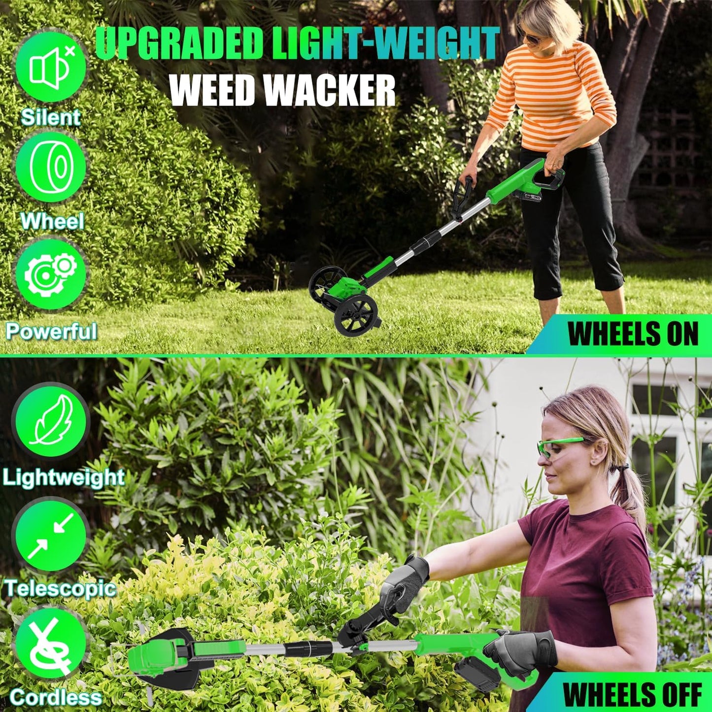 Electric Weed Wacker Cordless Eater Battery Powered Weed Trimmer, with 2Pcs 21V Battery 5 Types Blades Lightweight Grass Trimmer Edger Lawn Tool, Push Wheeled No-String Trimmer for Garden Yard