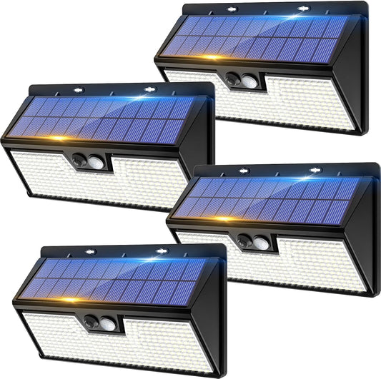 4 Pack Solar Lights Outdoor Motion Sensor, 318 LED Waterproof Fence Light with 3 Lighting Mode, Cool White LED Deck Light for Outside Wall Yard Chichen CoopGarden