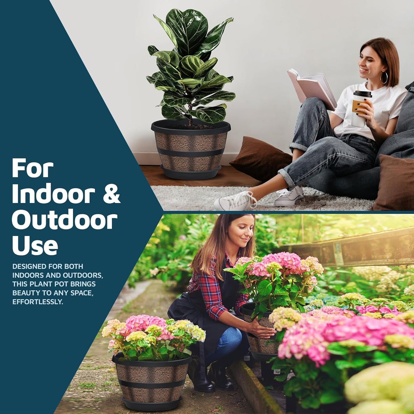 10-Inch Whiskey Barrel Planters Outdoor Pack of 3, Plastic Decoration Plant Pots for Indoor & Outdoor Use with Drainage & Saucer, Rustic Garden Planters for Flowers, Small Plants & Herbs