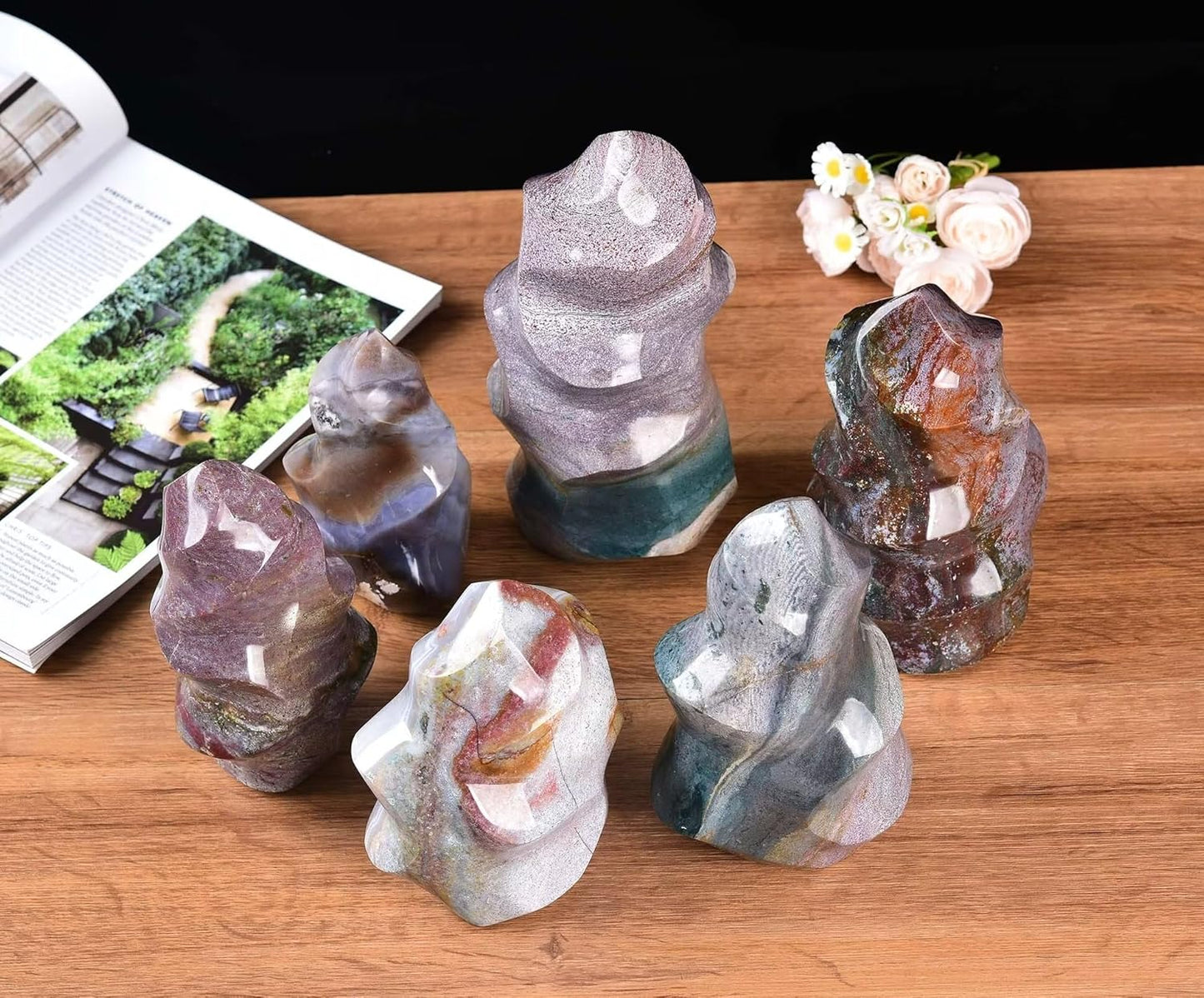 AMOYSTONE Ocean Jasper Flame Shaped Stone Towers Obelisk Natural Healing Crystal Quartz Reiki Energy Decoration Home Office Decor 4.0-4.4LBS