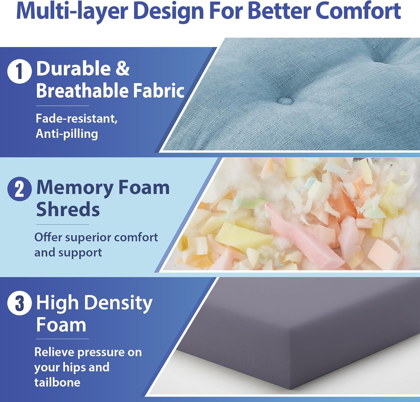 Chair Cushions for Dining Chairs, Dining Chair Cushions, Tufted Indoor Chair Pads with Ties & Non Slip Backing, Seat Cushions for Kitchen Chairs 16.5” x 16.5” x 3.5”, Set of 6, Light Blue