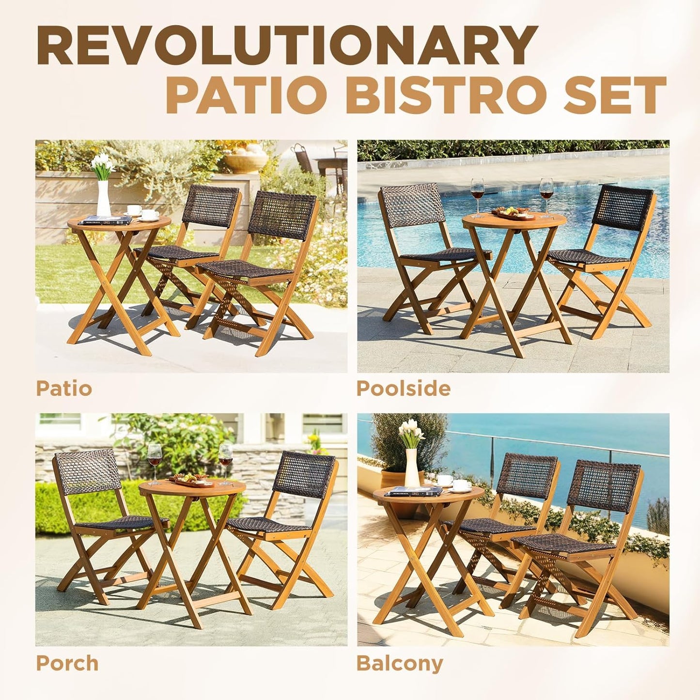 IDZO Wood Wicker Design Heavy Duty 400lbs Capacity Premium Patio Bistro Set 3 Piece Outdoor