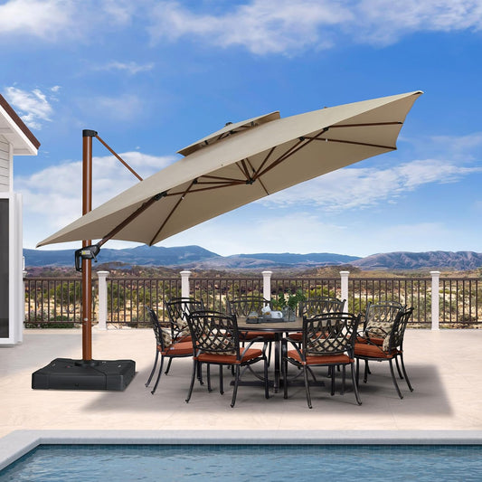 PURPLE LEAF 12' X 12' Patio Large Cantilever Umbrella Outdoor Square Wood Umbrellas Offset Umbrella Heavy Duty Sun Umbrellas for Garden Deck Pool, Deep Beige