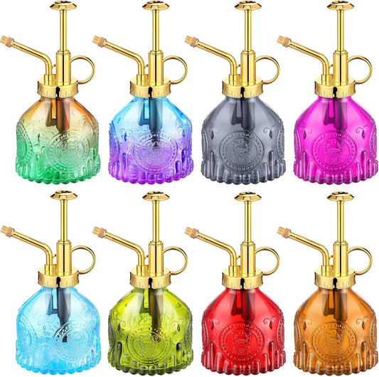 8 Pcs Glass Plant Mister Spray Bottle 200ml Vintage Plant Spritzer Multicolor Succulent Watering Bottle Watering Can 6.4'' with Plastic Top Pumps for Indoor Outdoor Succulents Garden Plants (Gold)