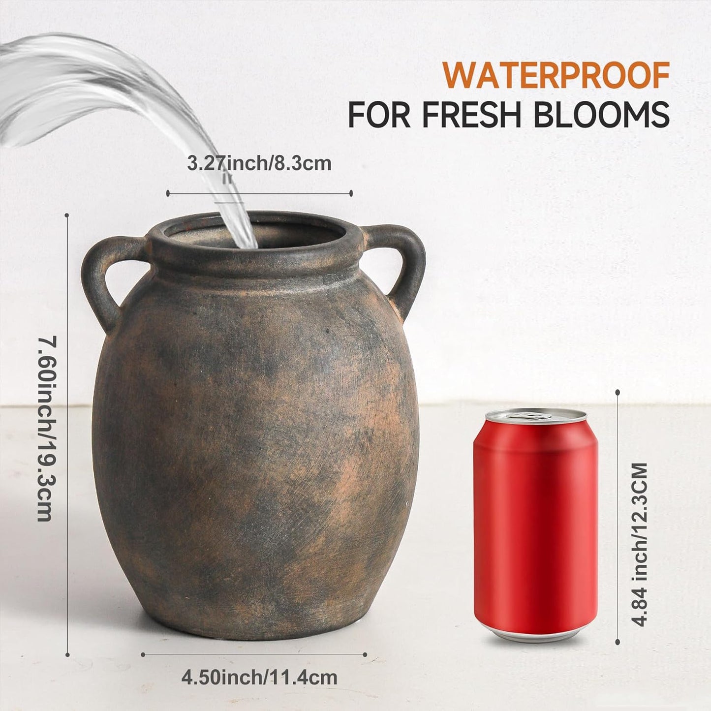 Ceramic Flower Vase 7.6 inch Farmhouse Rustic Vase Decorative Pottery Terracotta Vases for Home Decor Table Mantle Fireplace Living Room Bathroom Wedding Centerpiece (Black)