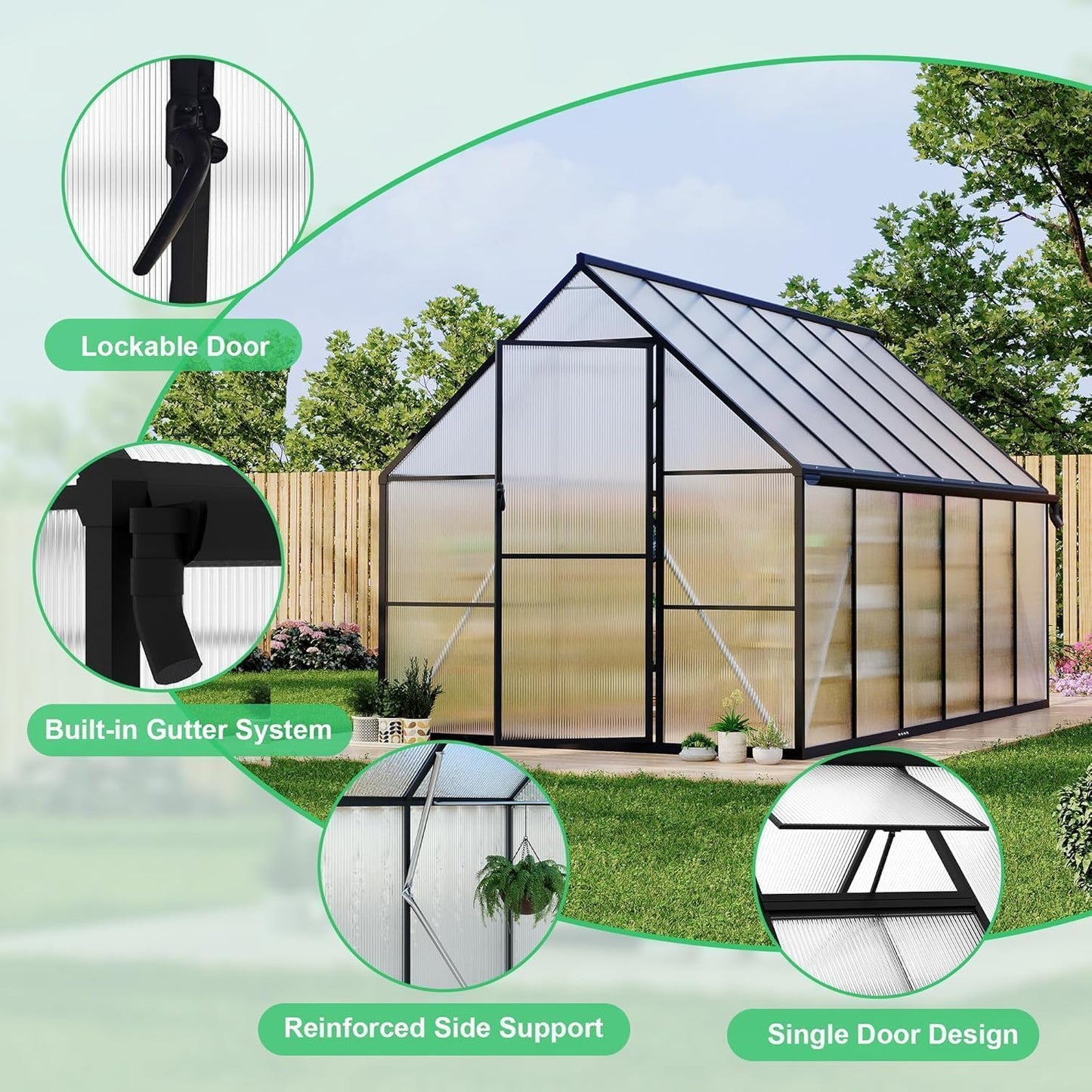 Greenhouse 8x14 FT Aluminum-Framed Heavy Duty Polycarbonate with Quick Setup Structure and Roof Vent Large Enhanced Outdoors Green House Kit