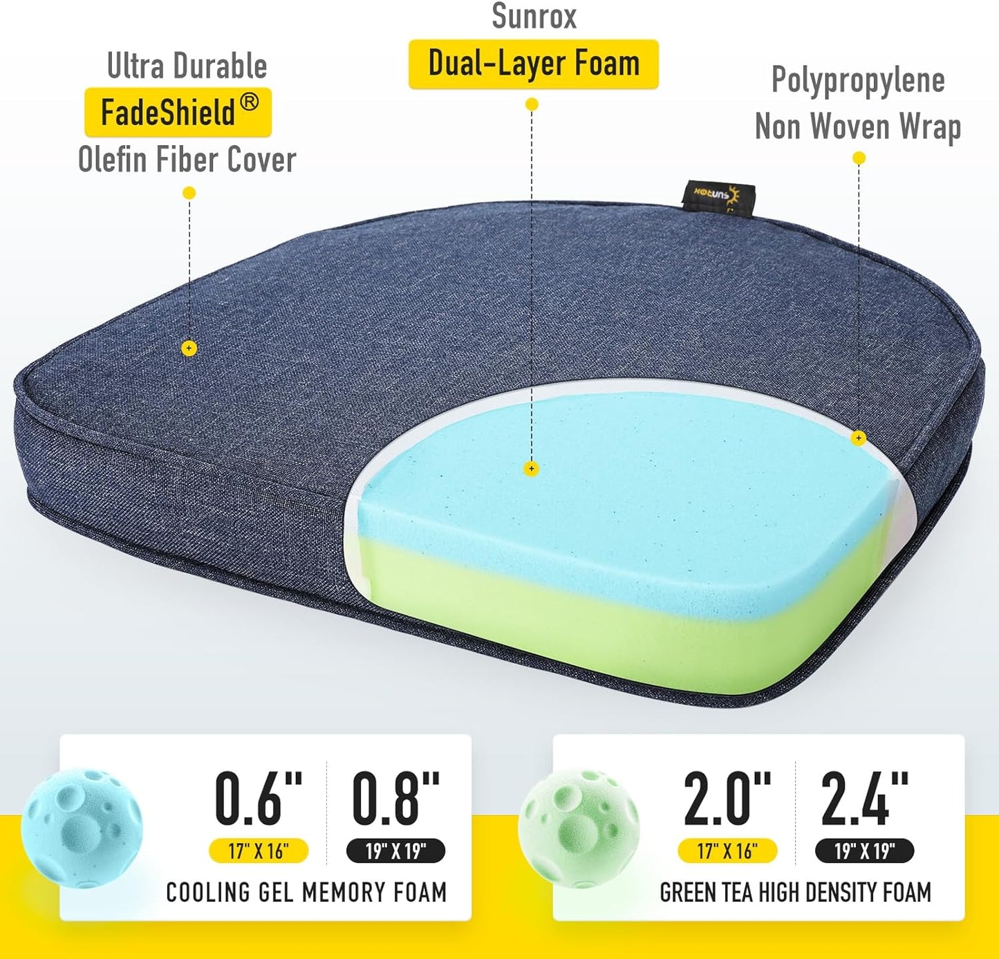 SUNROX Gel Memory Foam Chair Cushions, FadeShield Water-, Stain-Resistant Durable Reversible Seat Cushion Pads with Ties for Indoor/Outdoor Kitchen Dining Office, 19"x19", Set of 2, Heather Indigo