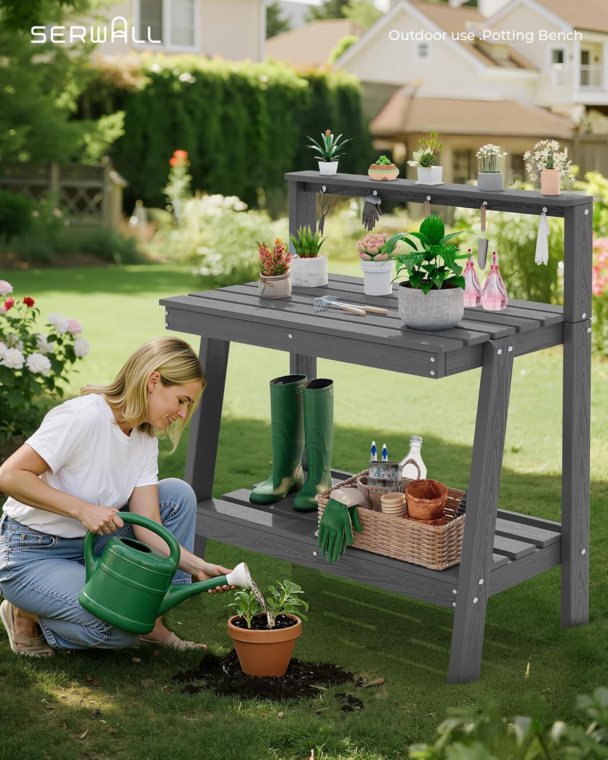 SERWALL Potting Bench Outdoor with Storage, 3-Tier HDPE Gardening Table with Angled Legs & Tool Hooks, All-Weather Heavy Duty Potting Table for Patio, Backyard, Garden, Gray
