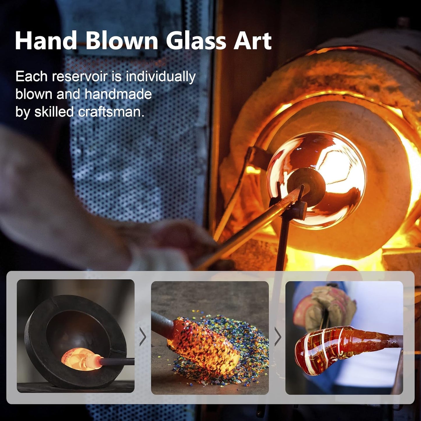 LUJII Hand Blown Glass Hummingbird Feeder for Outdoors Hanging with Ant Moat, 25 fl.oz, Leak Proof & Rustproof, Metal Base with 5 Feeding Ports & 5 Perches, Unique Garden & Backyard Decor (Ribbon)