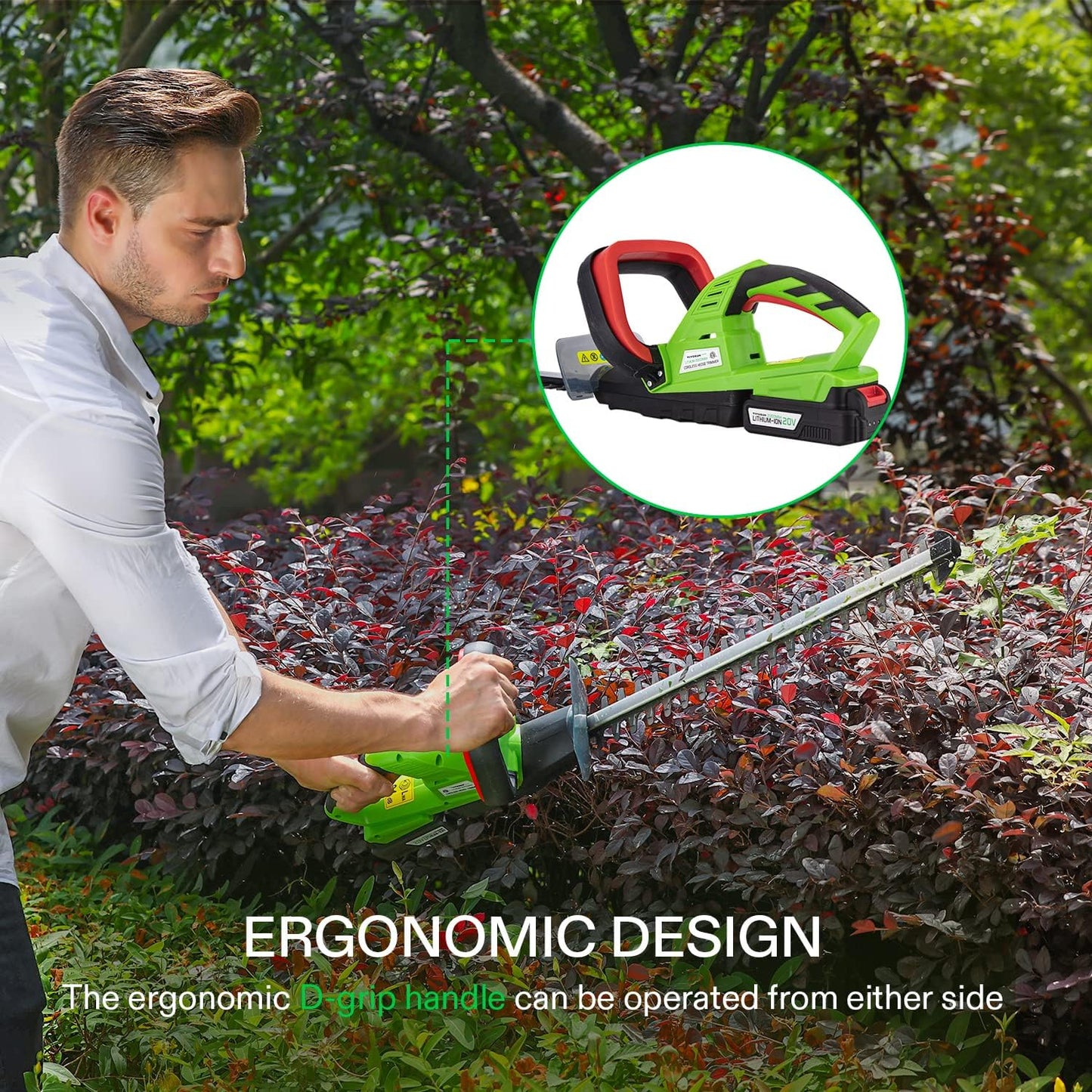 VIVOSUN 20" Cordless Hedge Trimmer, 20V Electric Bush Trimmer, 1400 RPM Shrub Trimmer, Dual-Action Laser Blade, 3/5" Cutting Capacity, Lightweight & Compact, 2Pcs Batteries and Fast Charger Included