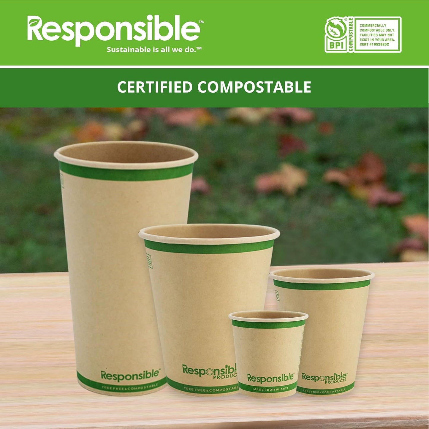 Certified Compostable 8 oz Paper Cups, Cold ＆ Hot Coffee Cups, Disposable Paper Cups, Extra Strength Disposable Cups, Made without PFAS (50 count)