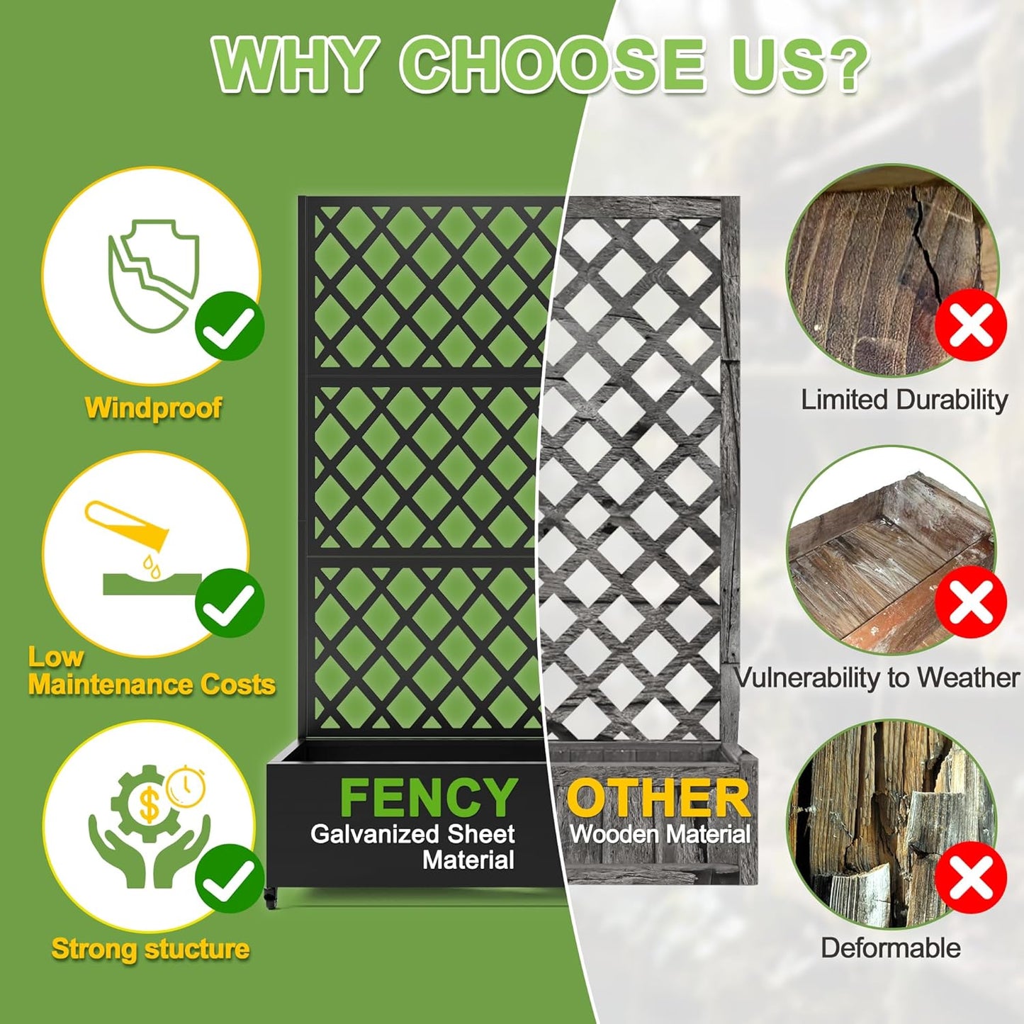 FENCY Metal Planter Box with Diamond Lattice Trellis Planter Box for Climbing Plants/Vines, Galvanized Raised Garden Bed On Wheels, Garden Bed with Trellis(73"x47" Black)