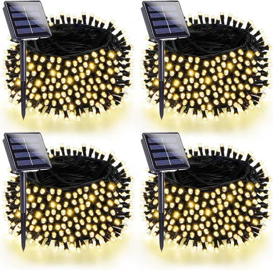 4 Pack 180FT Solar String Lights for Outside, Super Bright 320 LED Solar Light Outdoor Waterproof with 8 Modes, Green Wire Solar Twinkle Fairy Lights for Xmas Tree Party Yard Decorations (Warm White)