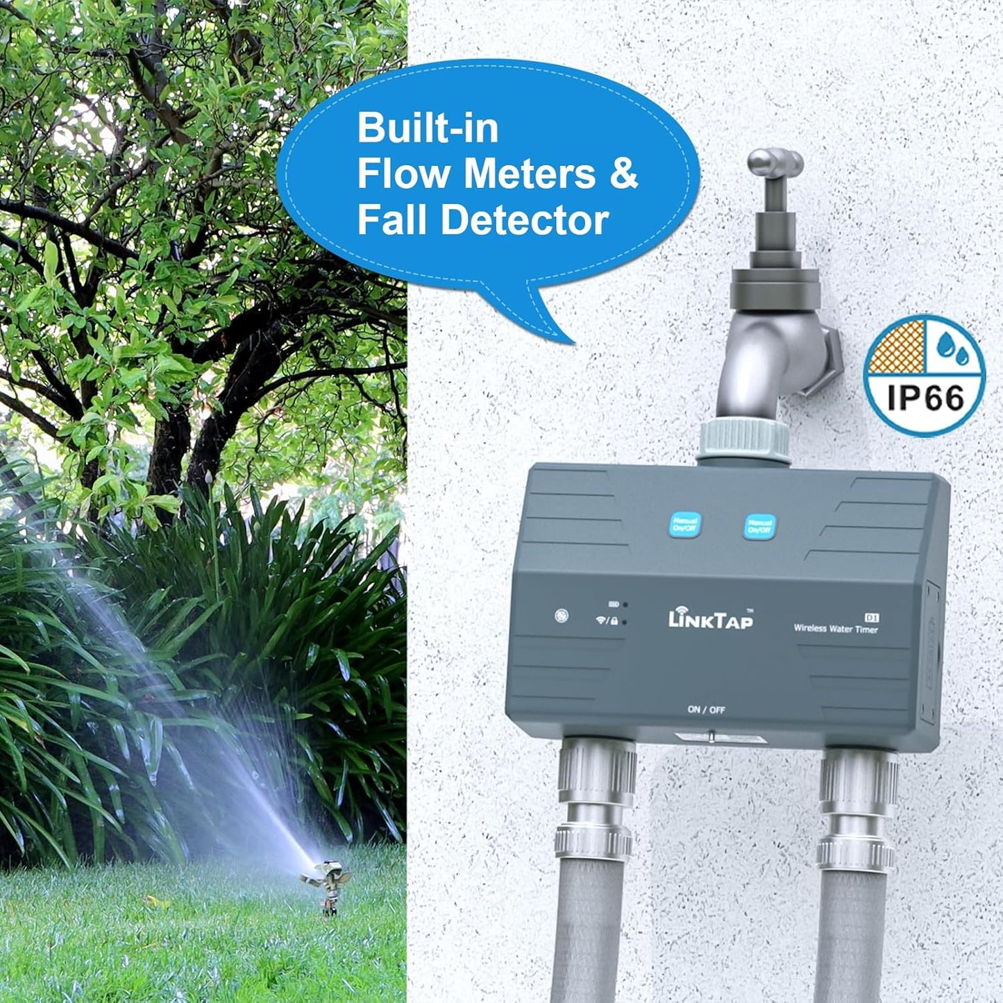 LinkTap D1 Smart Hose Timer & Gateway, 2 Zone Irrigation by Duration/Weather/Volume, Intelligent Fault Detection & Alerts, Wider Range Than WiFi Water Timer, Scalable Mesh Network via Extender