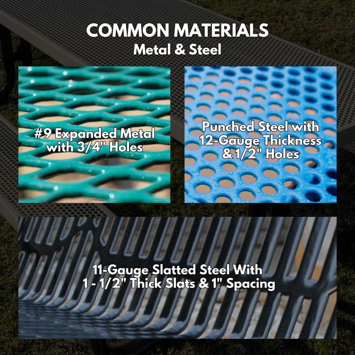 Heavy-Duty Outdoor Bench Thermoplastic Coated, Expanded Metal, Commercial-Grade Garden Bench, Made in America (Portable with Back, 6 Ft, Textured Black)