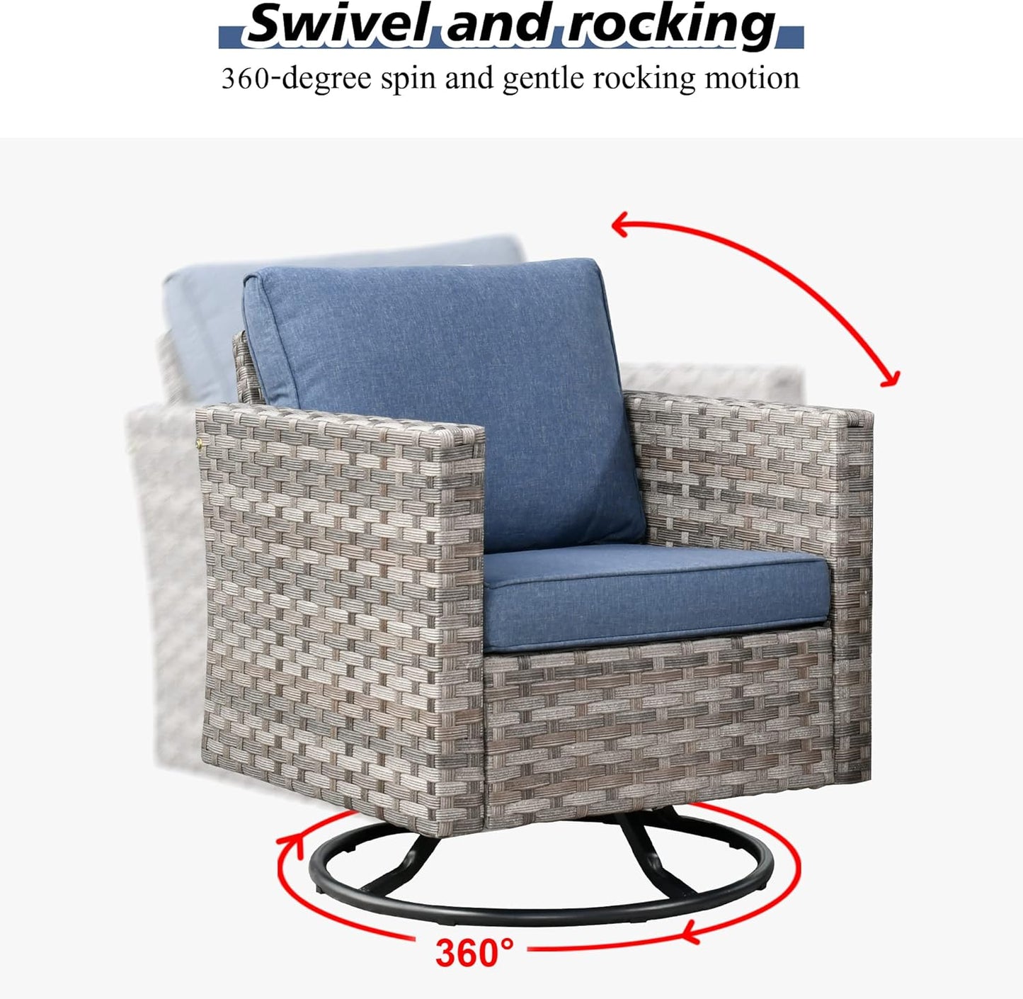 HOOOWOOO 10 Piece Modular Patio Outdoor Sectional Furniture Set with Gas Propane Fire Pit Table,Wicker Conversation Sofa Set with Swivel Chairs,Outside Couch Set(Denim Blue)