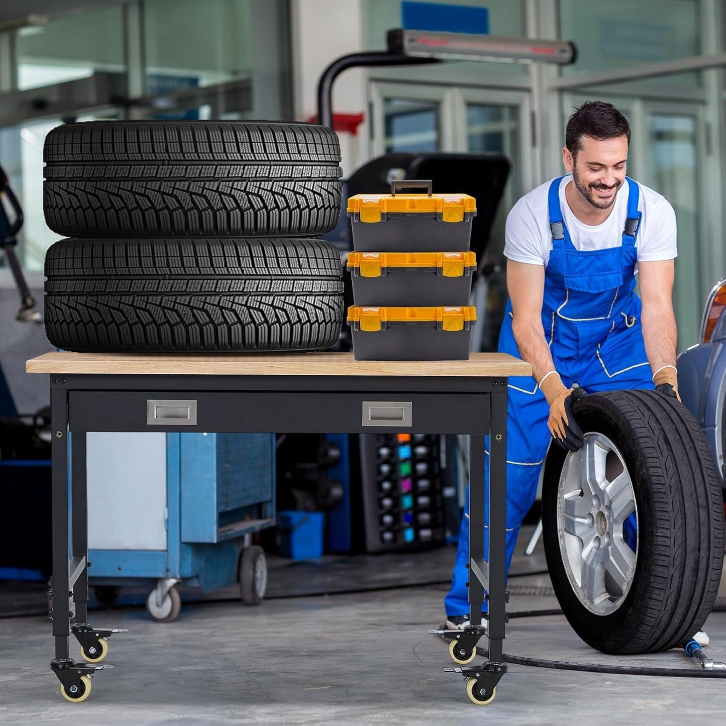 48'' Adjustable Workbench, Heavy Duty Workbench with Drawer, Power Outlet and Lockable Wheels, 2000 LBS Capacity, Work Table Suitable for Office, Garage, Workshop