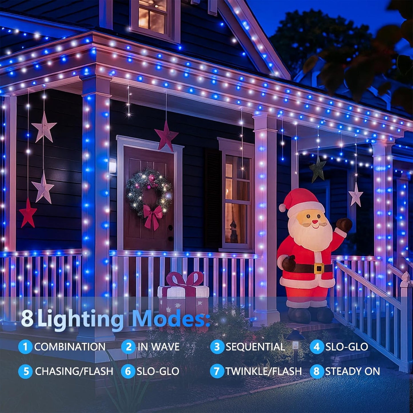 SANJICHA Blue and White Solar String Lights, Extra-Long 2 Pack 144FT 400LED Solar Christmas Lights Outdoor Waterproof, Sliver Wire 8 Modes Twinkle Light for Garden Tree Party Wedding Decorations