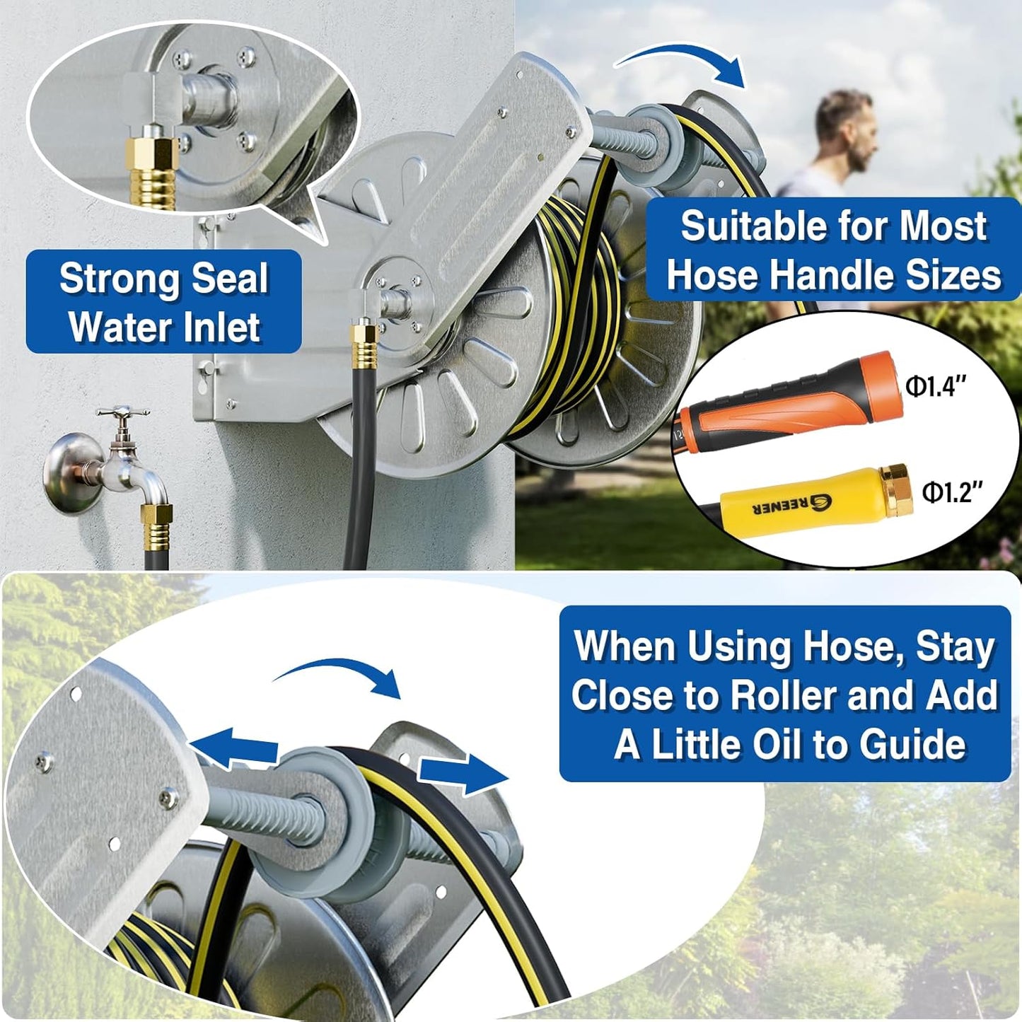 GREENER Stainless Steel Hose Reel for Outside,Wall Mount Garden Hose Holder Heavy Duty Metal Reel, 3/4" Solid Connector with 5/8" Inlet Hose and Crank,65-Feet 5/8" Hose Capacity