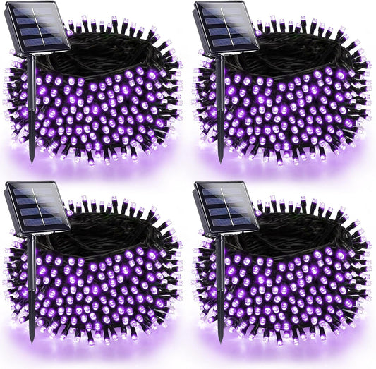4 Pack Purple Solar Halloween Lights Outdoor Waterproof, 180FT 320 LED Solar String Lights with Green Wire 8 Modes Solar Fairy Twinkle Light for Tree Bush Garden Horror Party Halloween Decorations