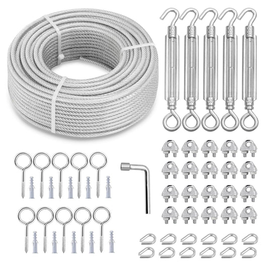 M6 Turnbuckles for Cables Wire Kit, 3/16" PVC Coated Steel Cable Kit w/ 7×7 Strand Core & 100Ft Wire Rope Tensioner Strainer for String Light Hanging/Deck Stair Railing/Shade Sail/Clothes Line